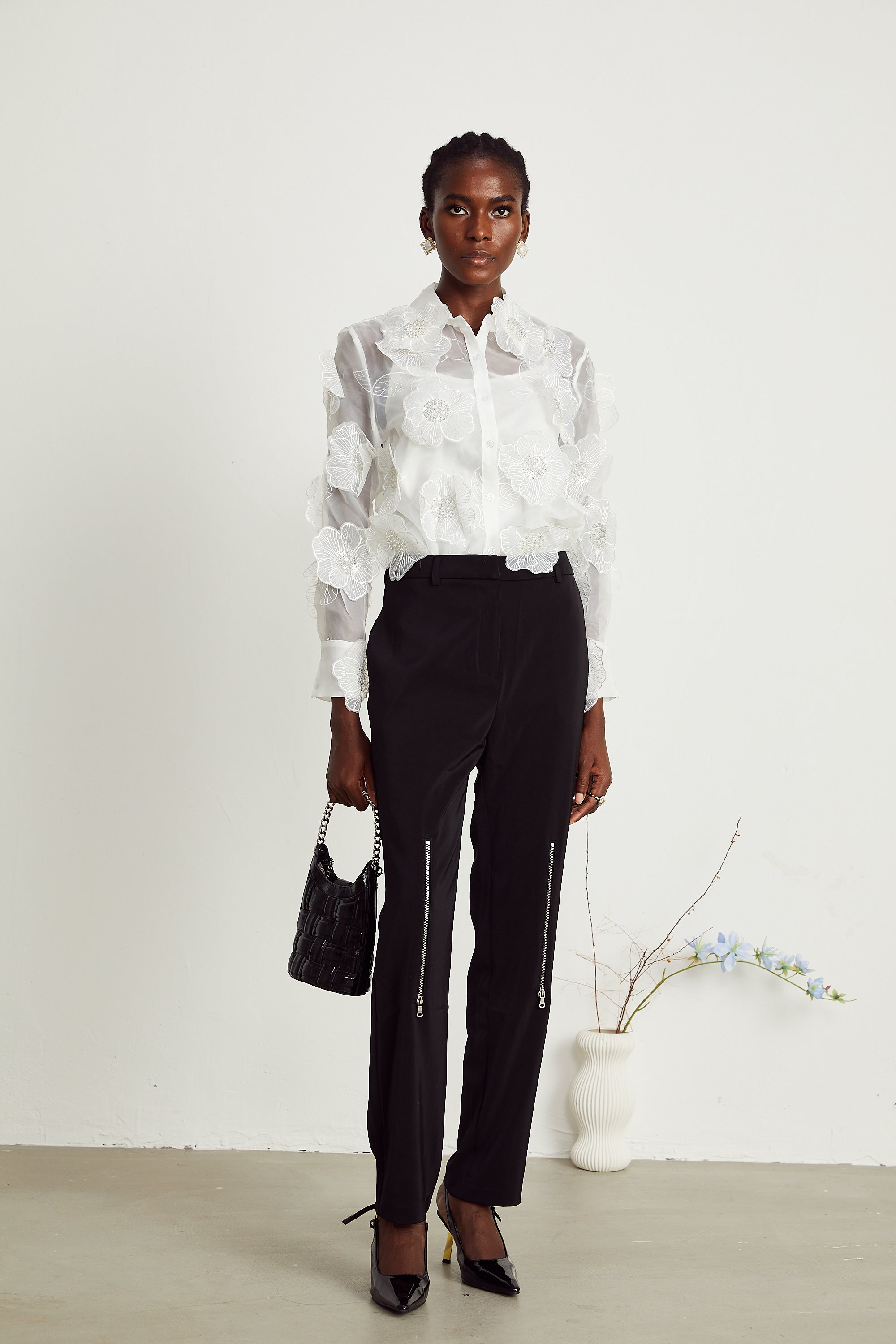 Béatrix white embellished semi-sheer shirt