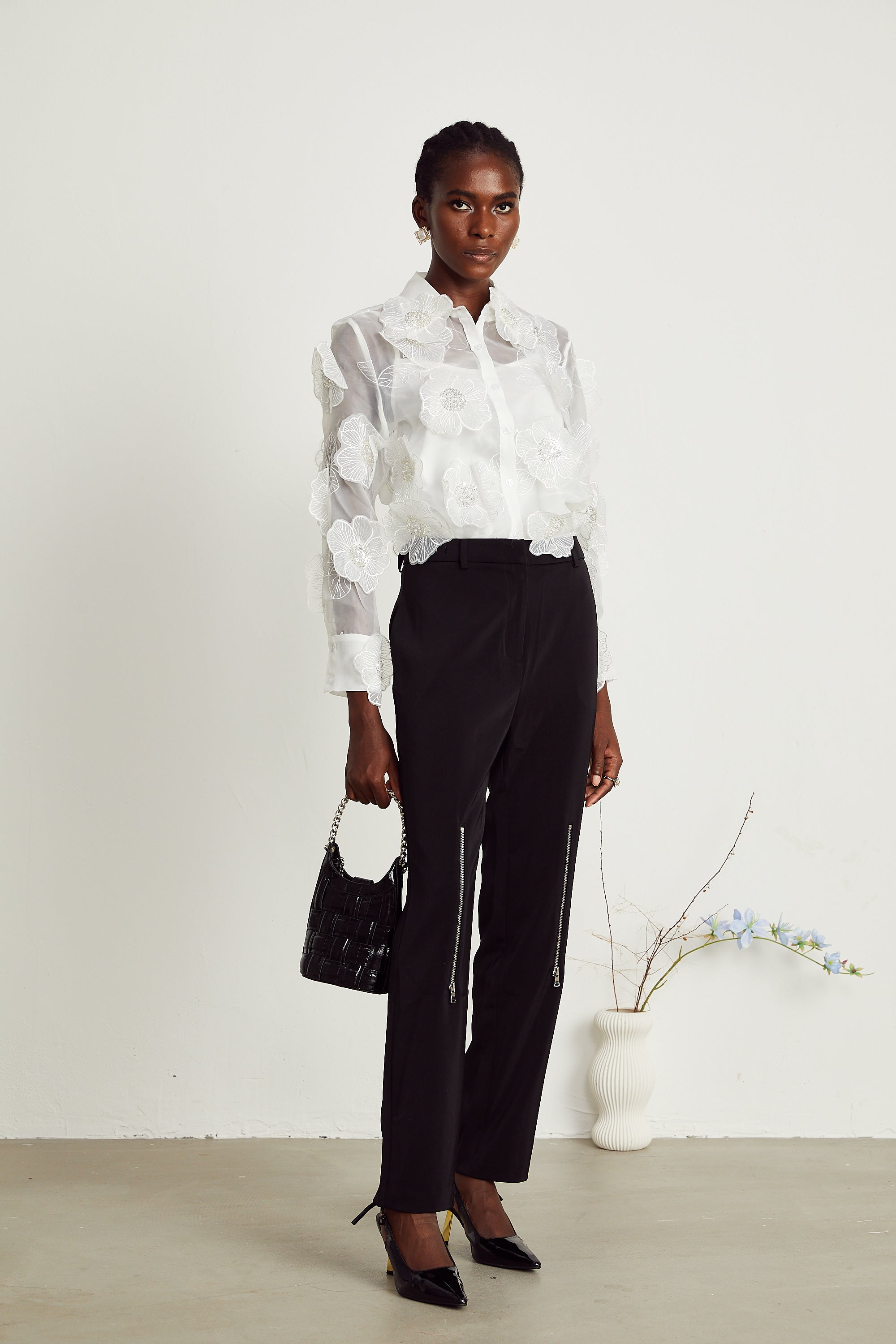 Béatrix white embellished semi-sheer shirt