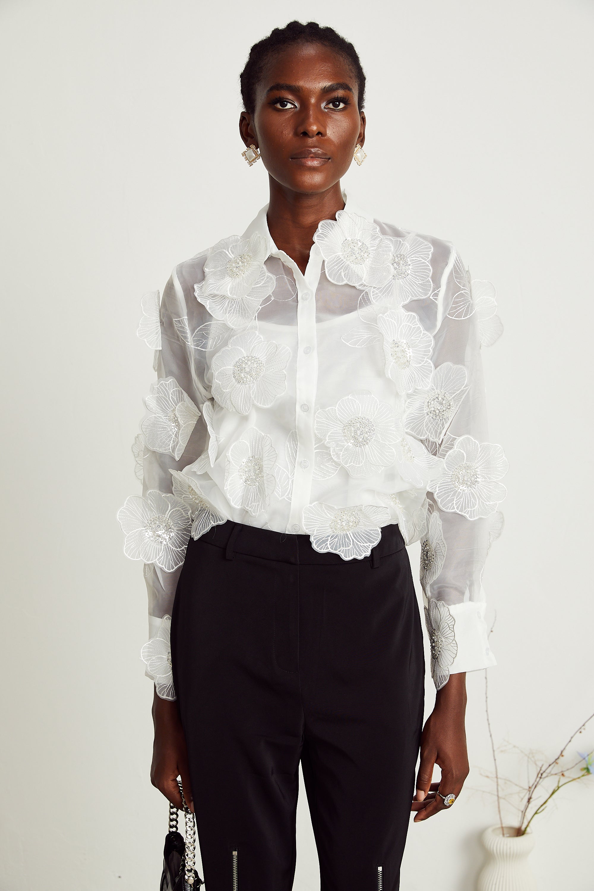 Béatrix white embellished semi-sheer shirt