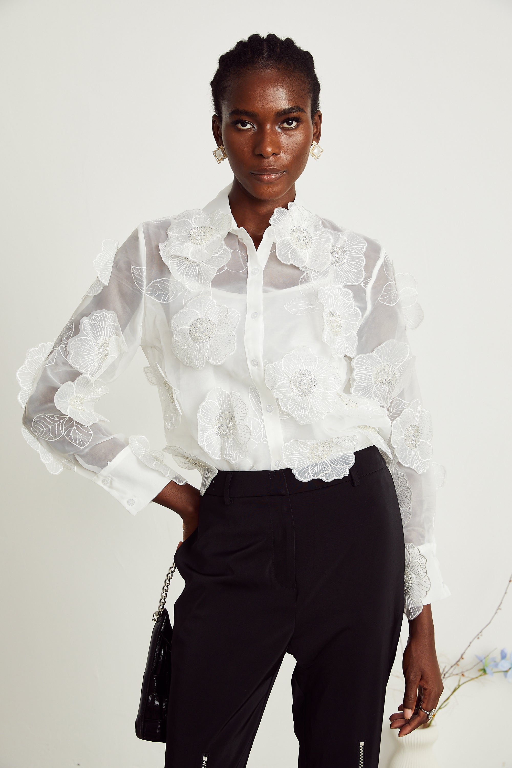 Béatrix white embellished semi-sheer shirt