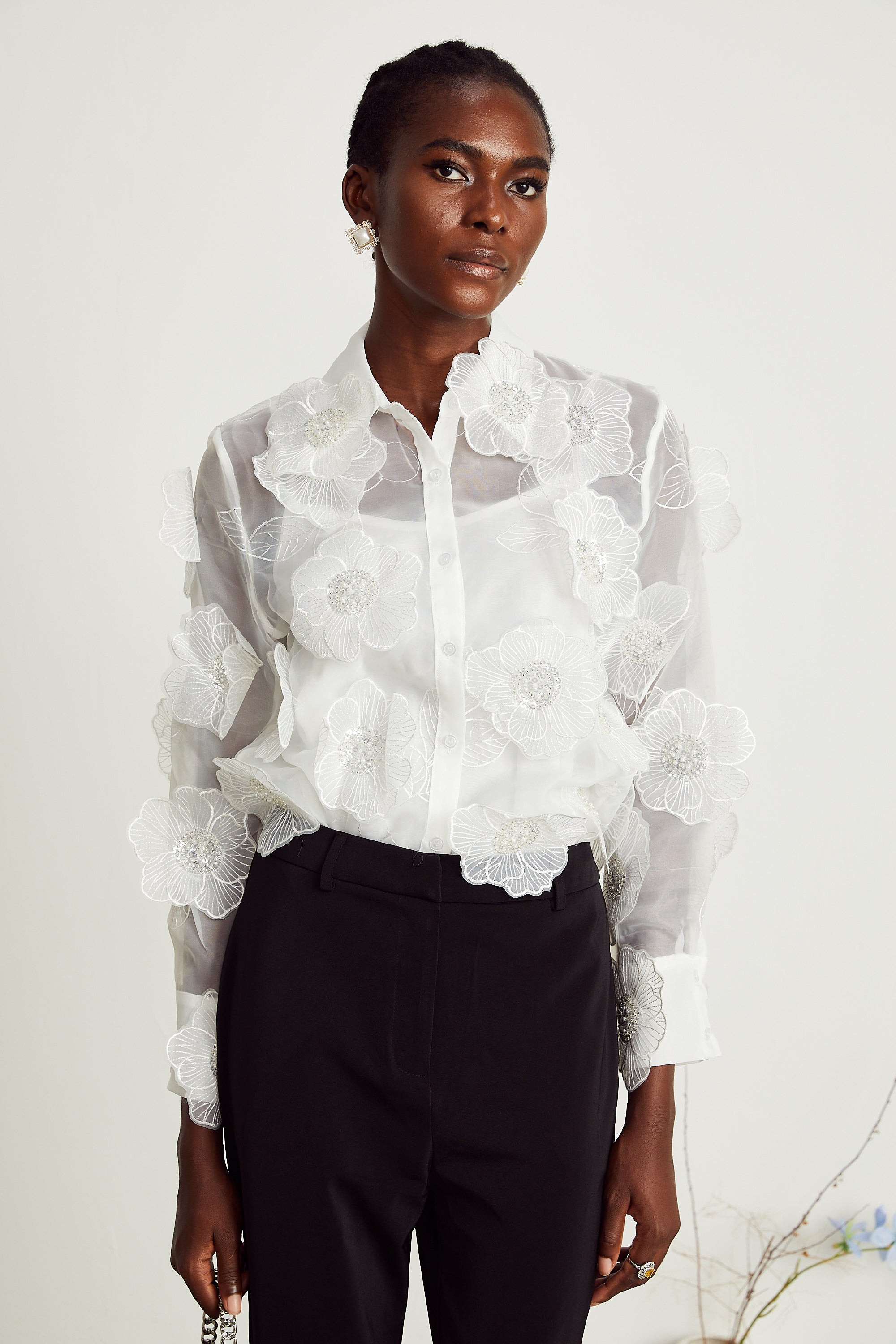 Béatrix white embellished semi-sheer shirt