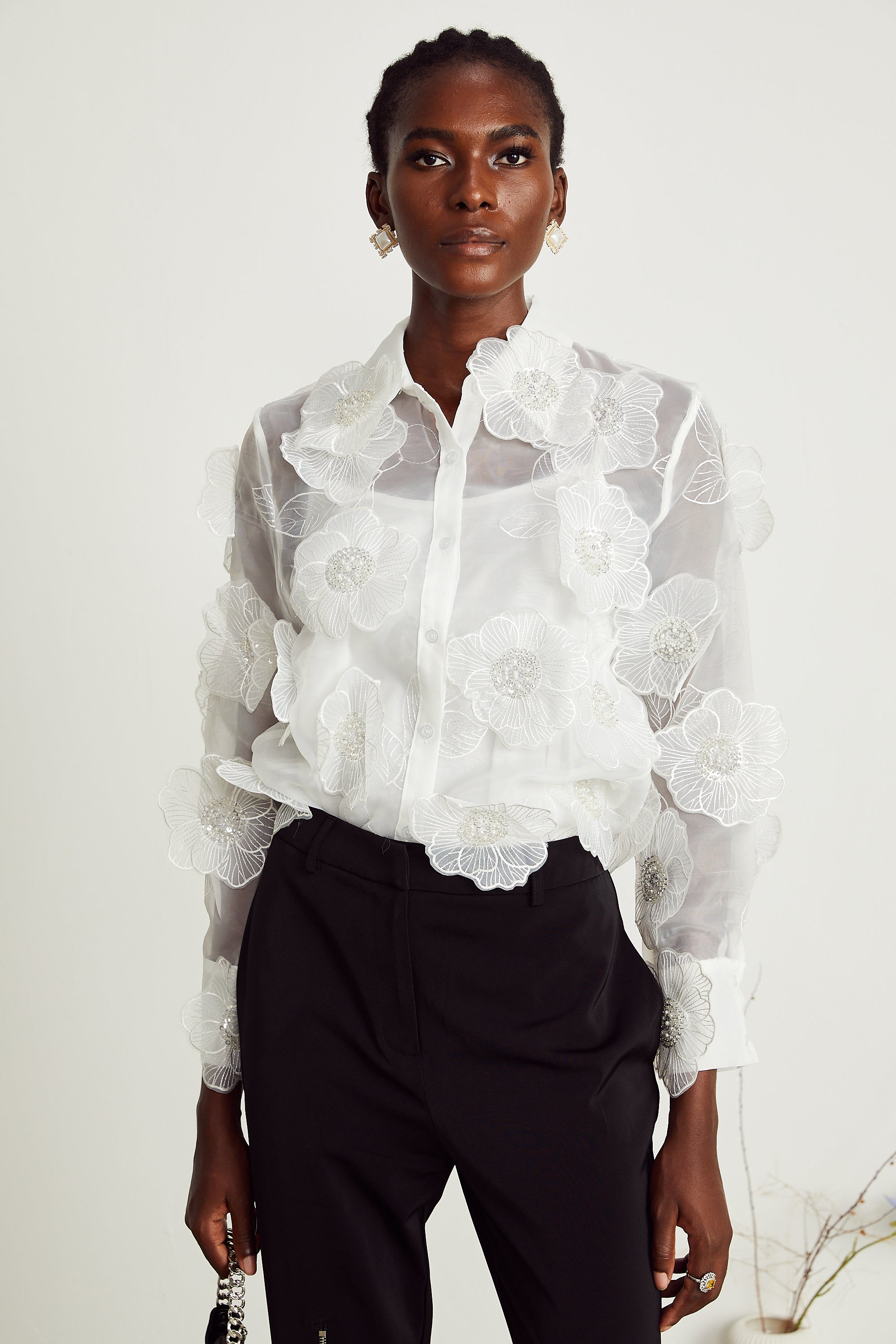 Béatrix white embellished semi-sheer shirt