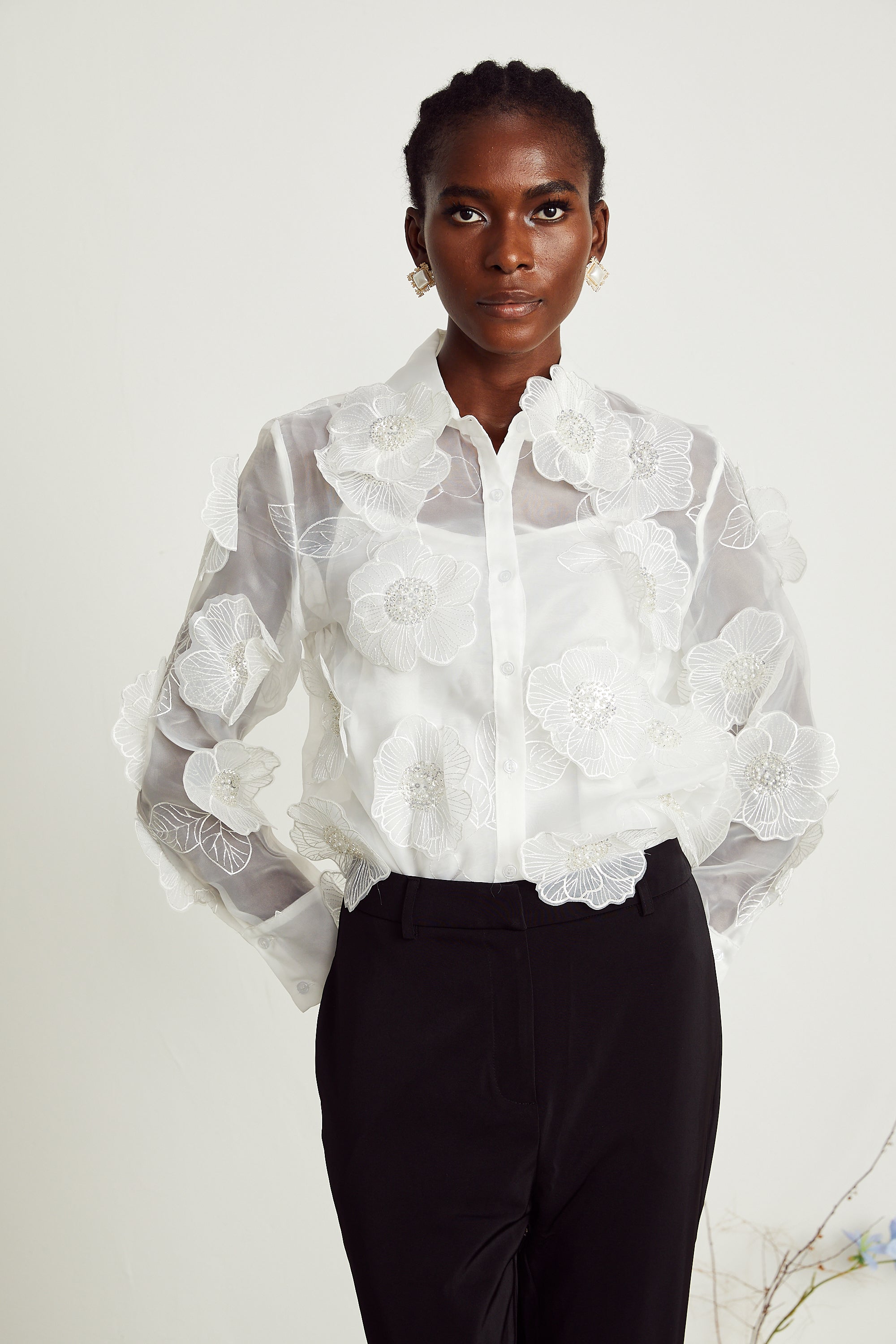 Béatrix white embellished semi-sheer shirt