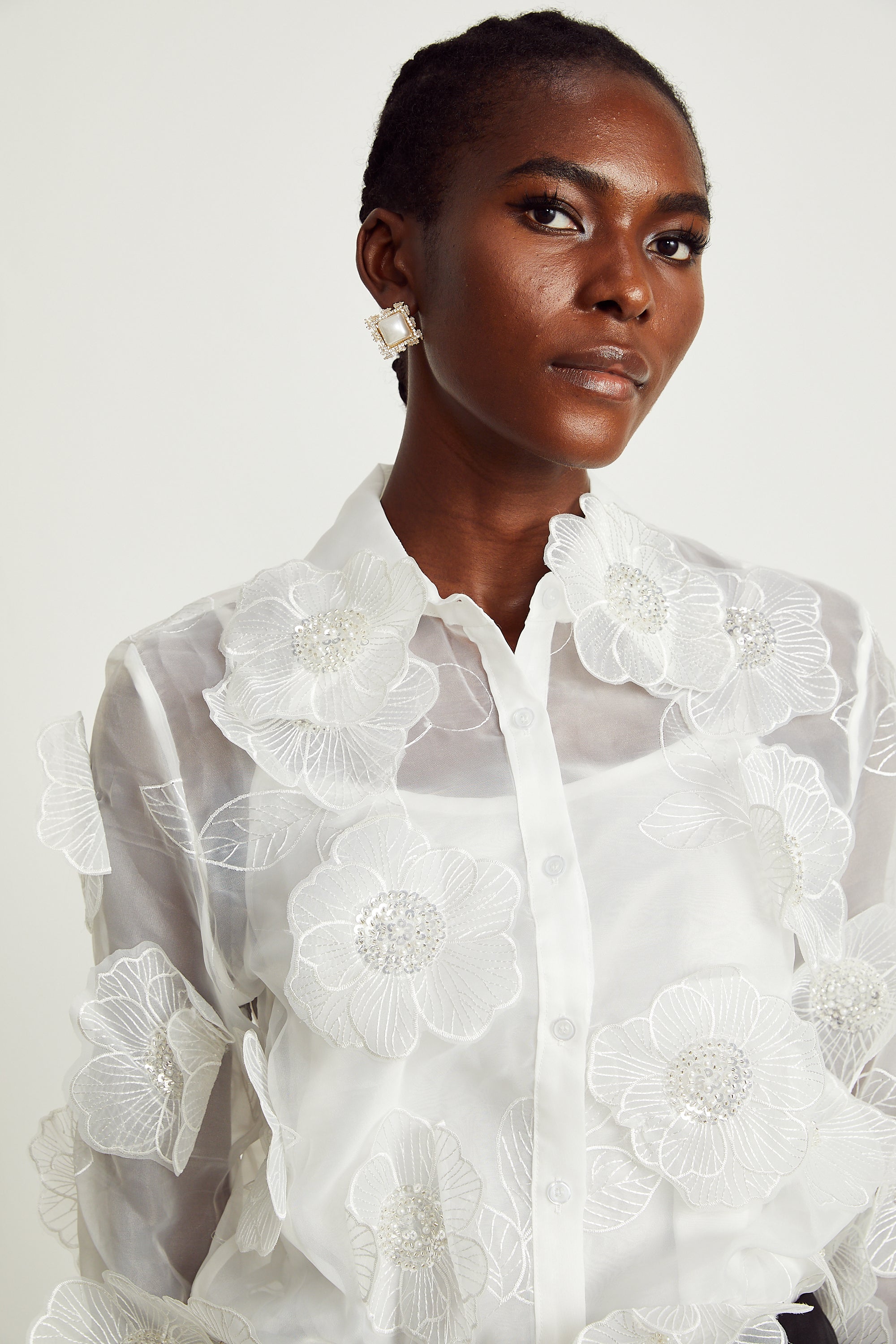 Béatrix white embellished semi-sheer shirt