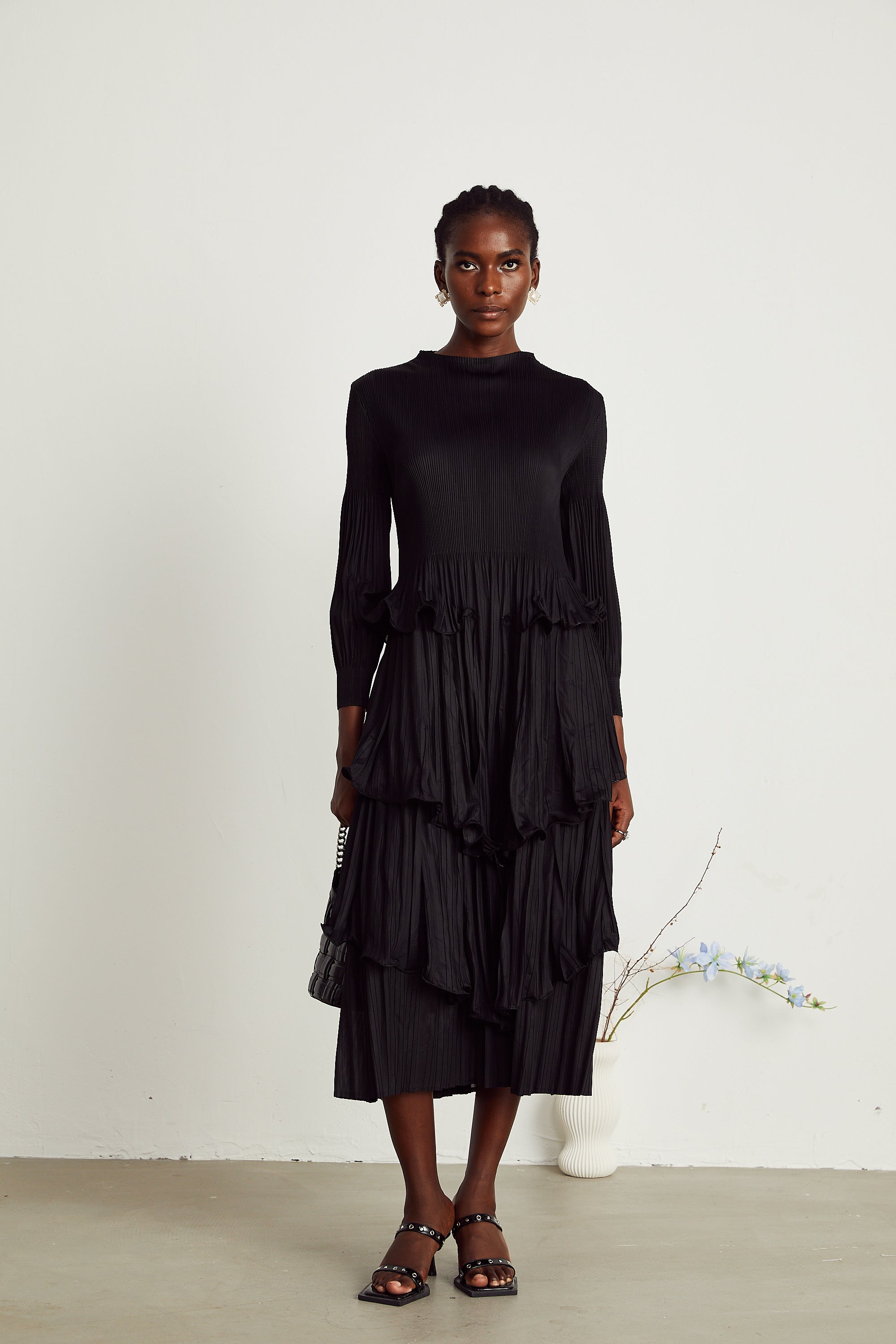 Brianna black tiered pleated midi dress