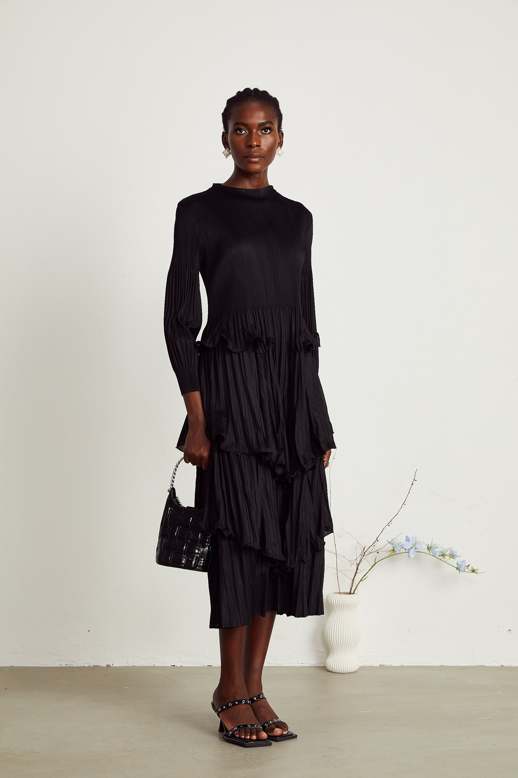 Brianna black tiered pleated midi dress