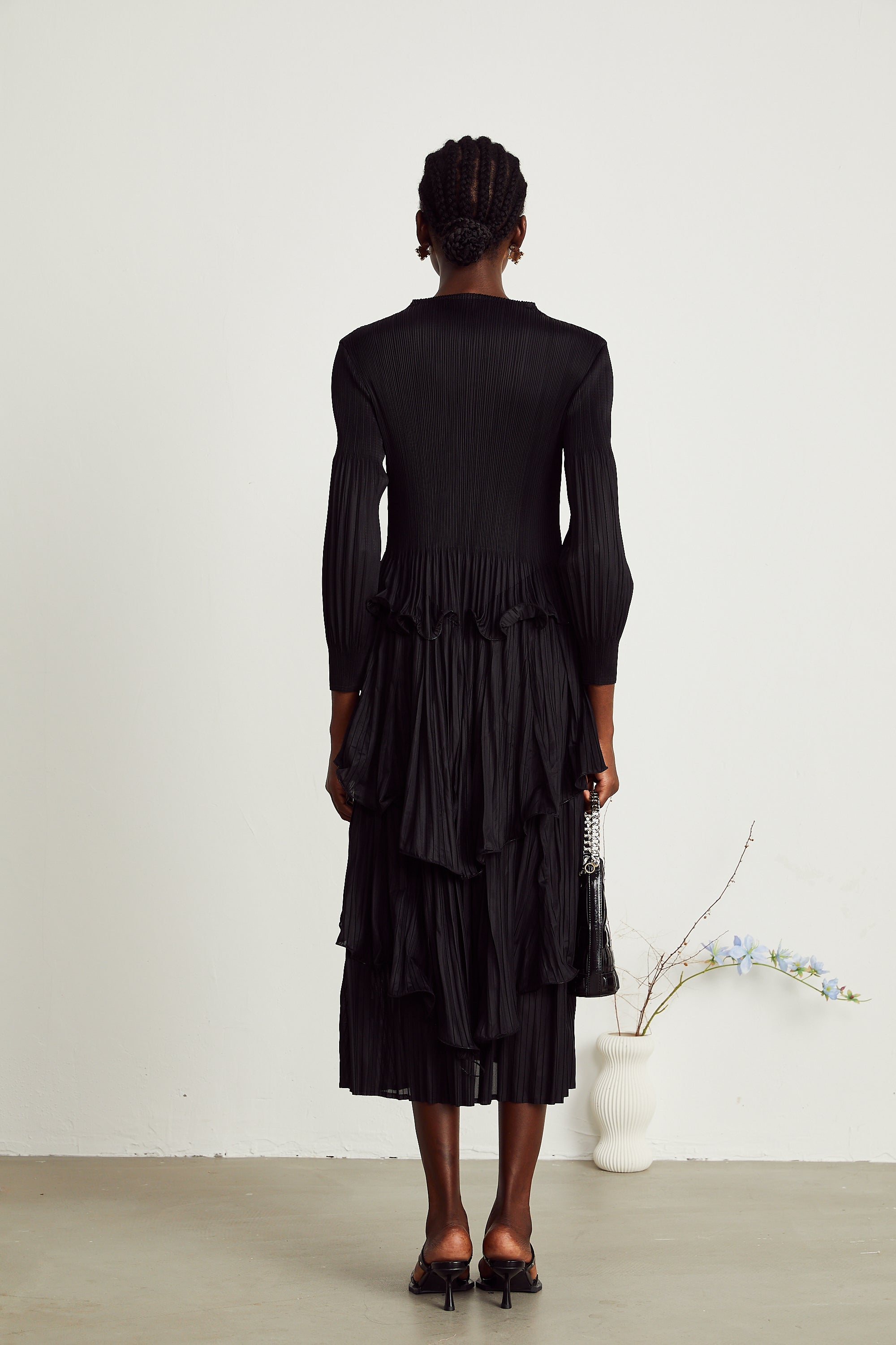 Brianna black tiered pleated midi dress