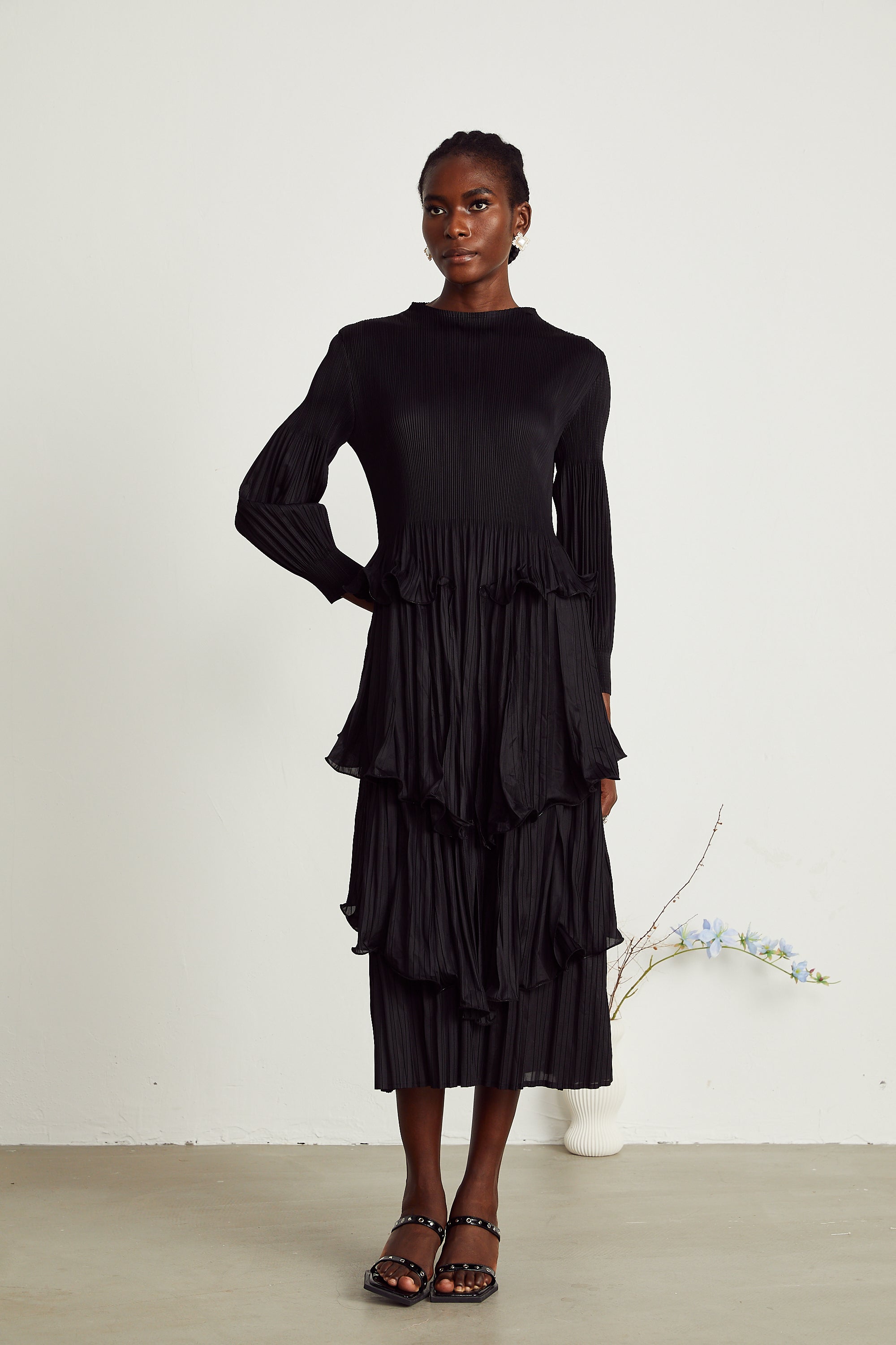 Brianna black tiered pleated midi dress