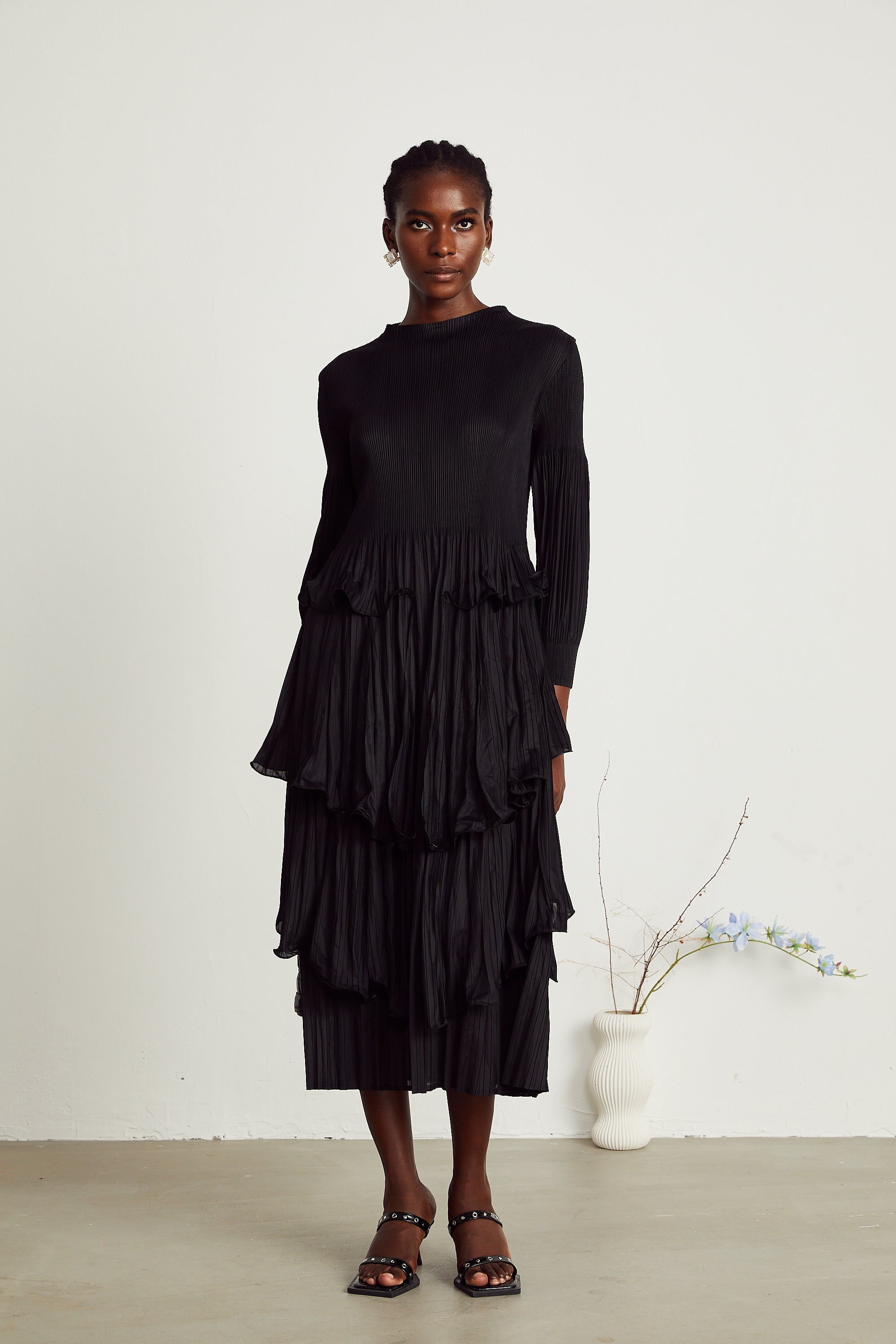 Brianna black tiered pleated midi dress