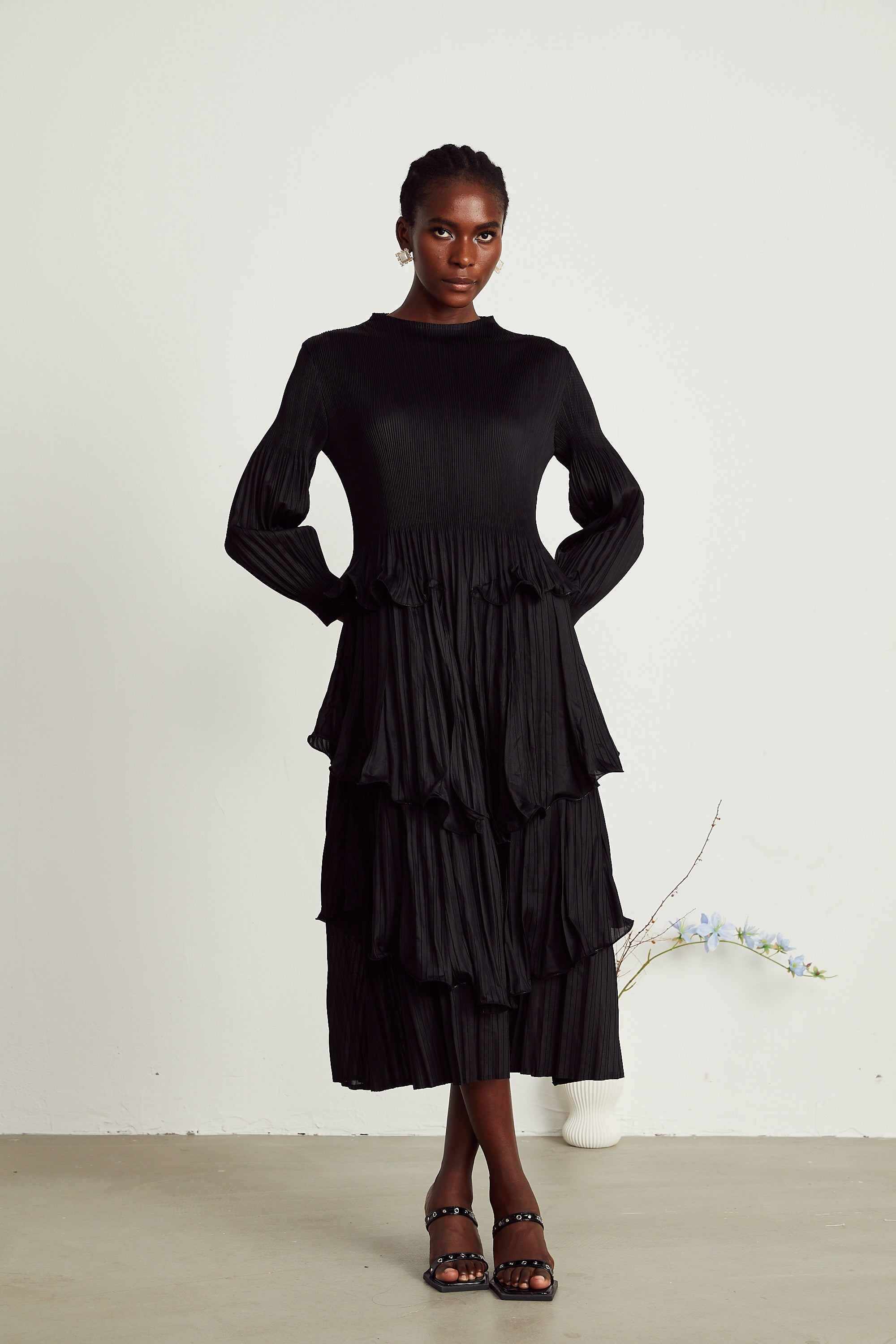 Brianna black tiered pleated midi dress