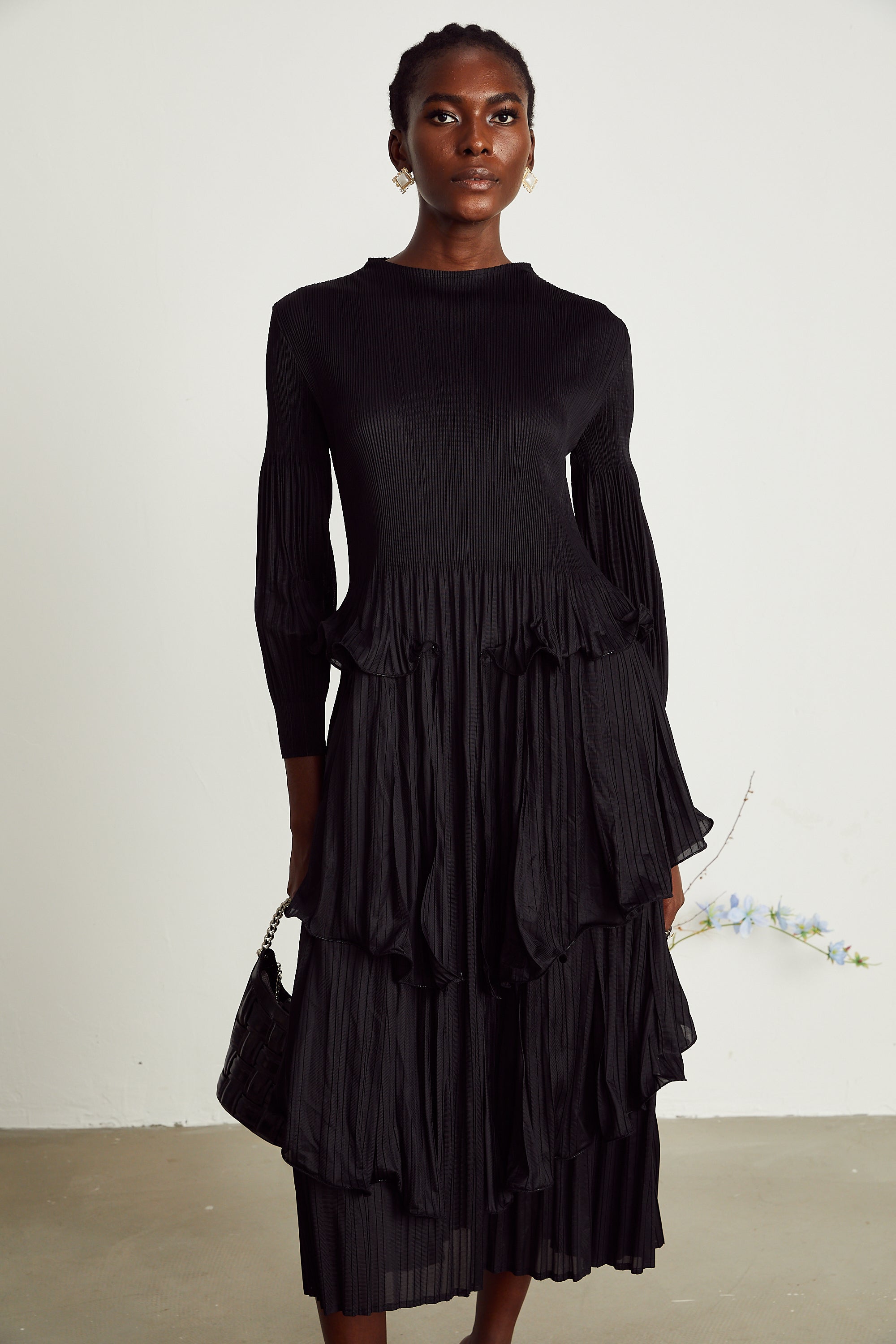 Brianna black tiered pleated midi dress