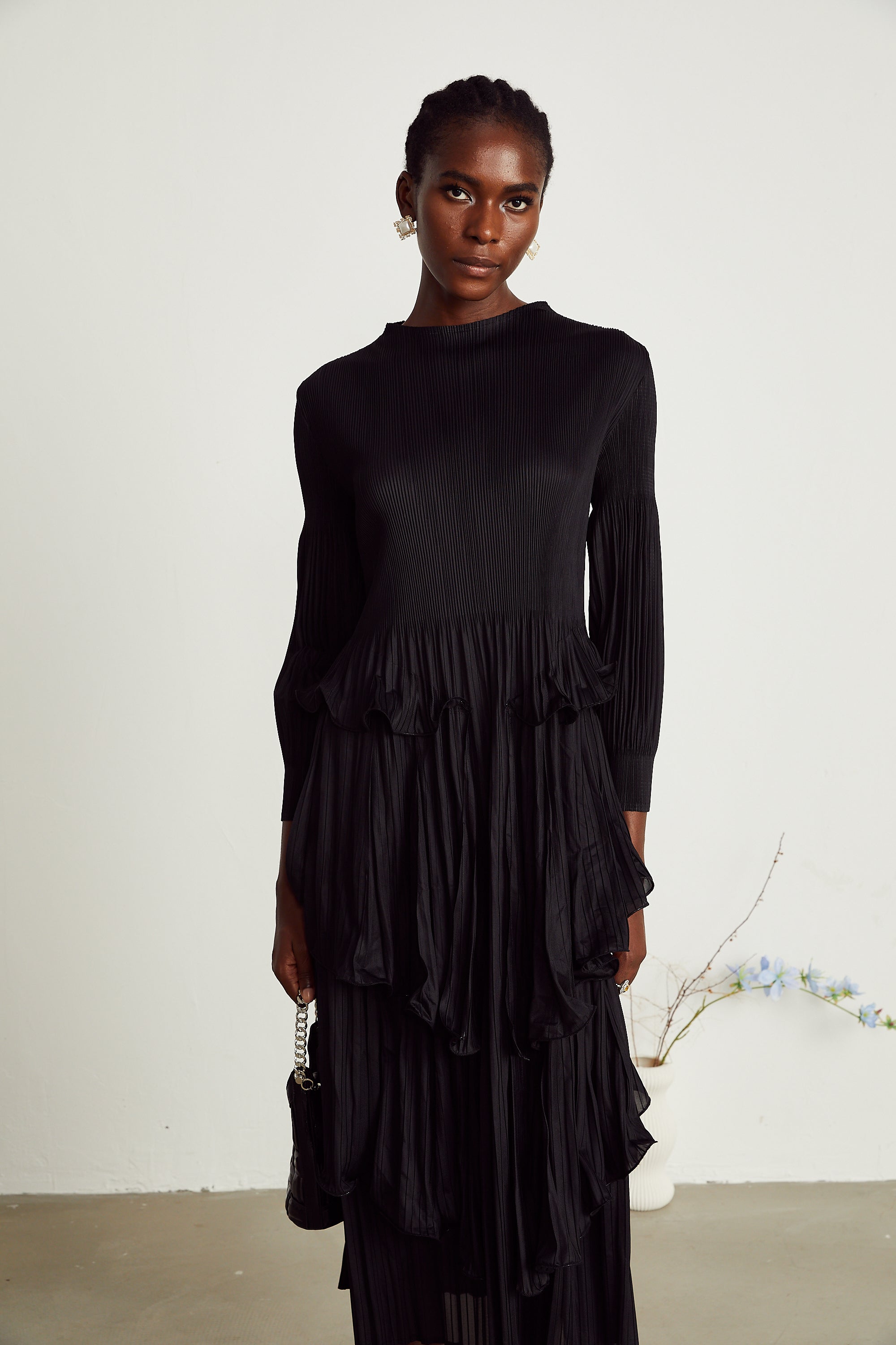 Brianna black tiered pleated midi dress