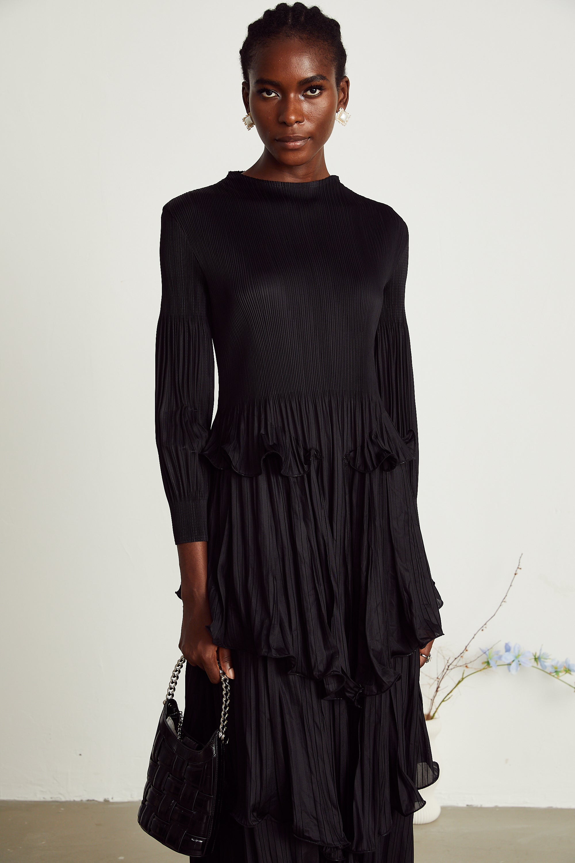 Brianna black tiered pleated midi dress