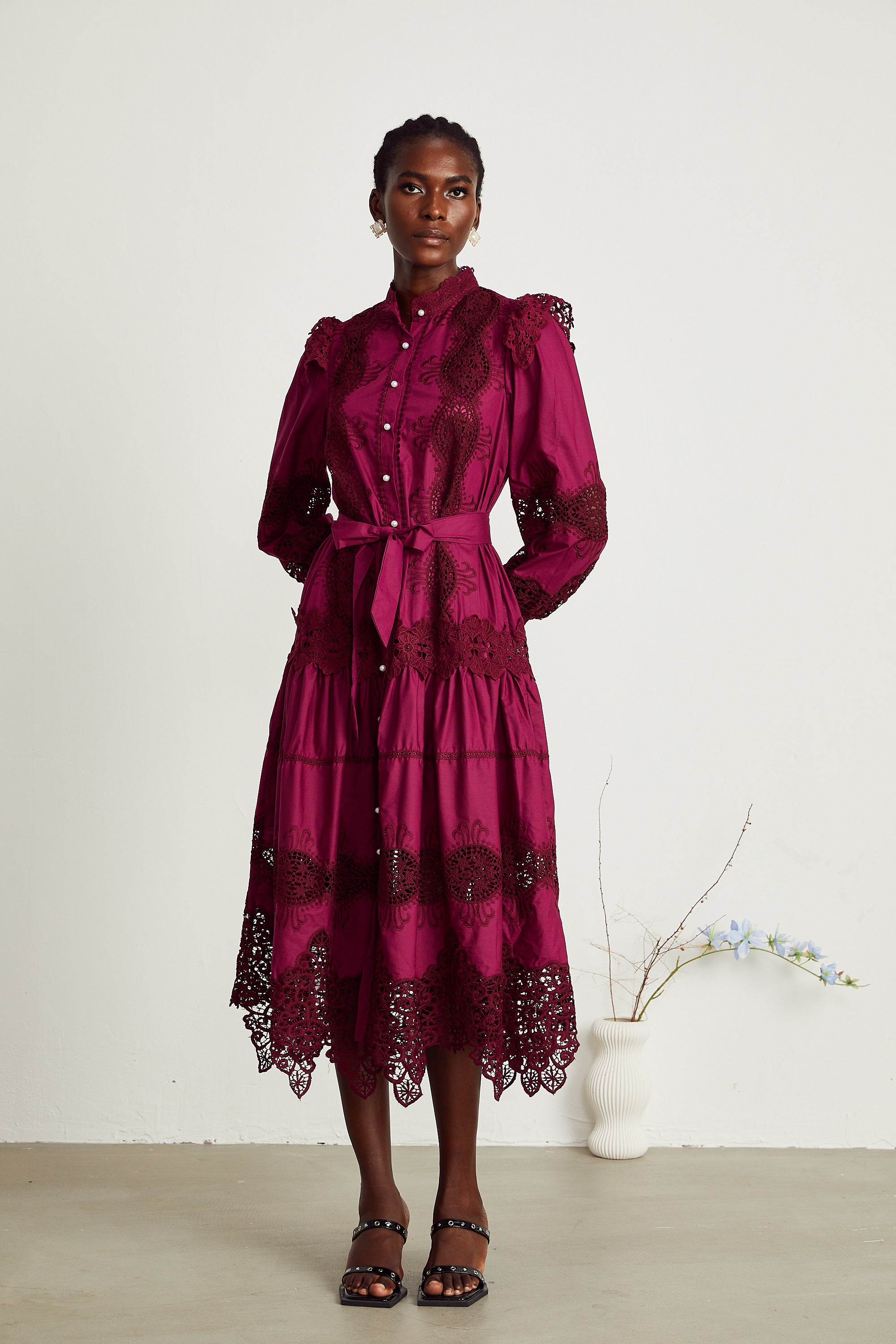 Josiane red guipure-lace midi dress