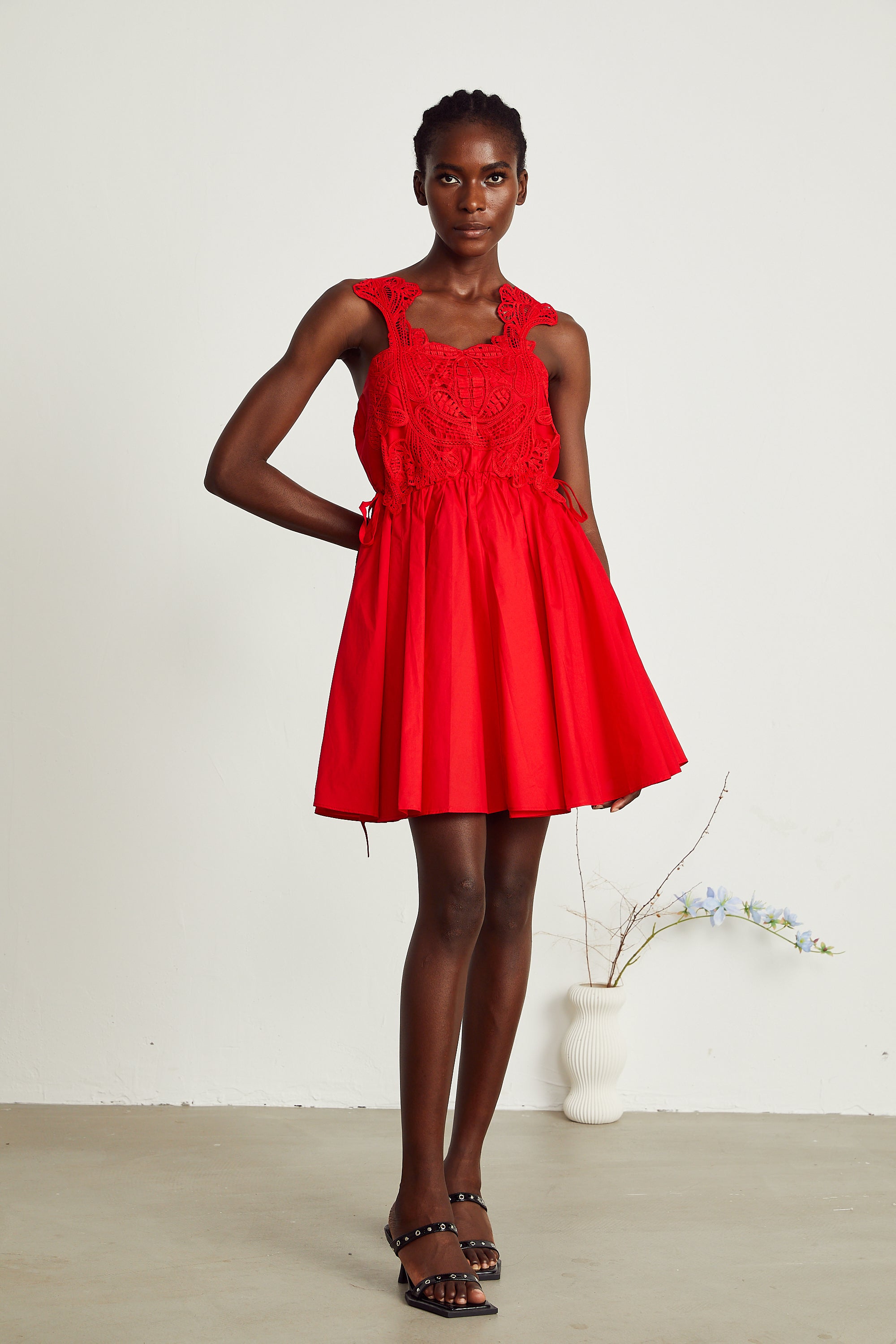 Wanda red lace-embroidered mini dress