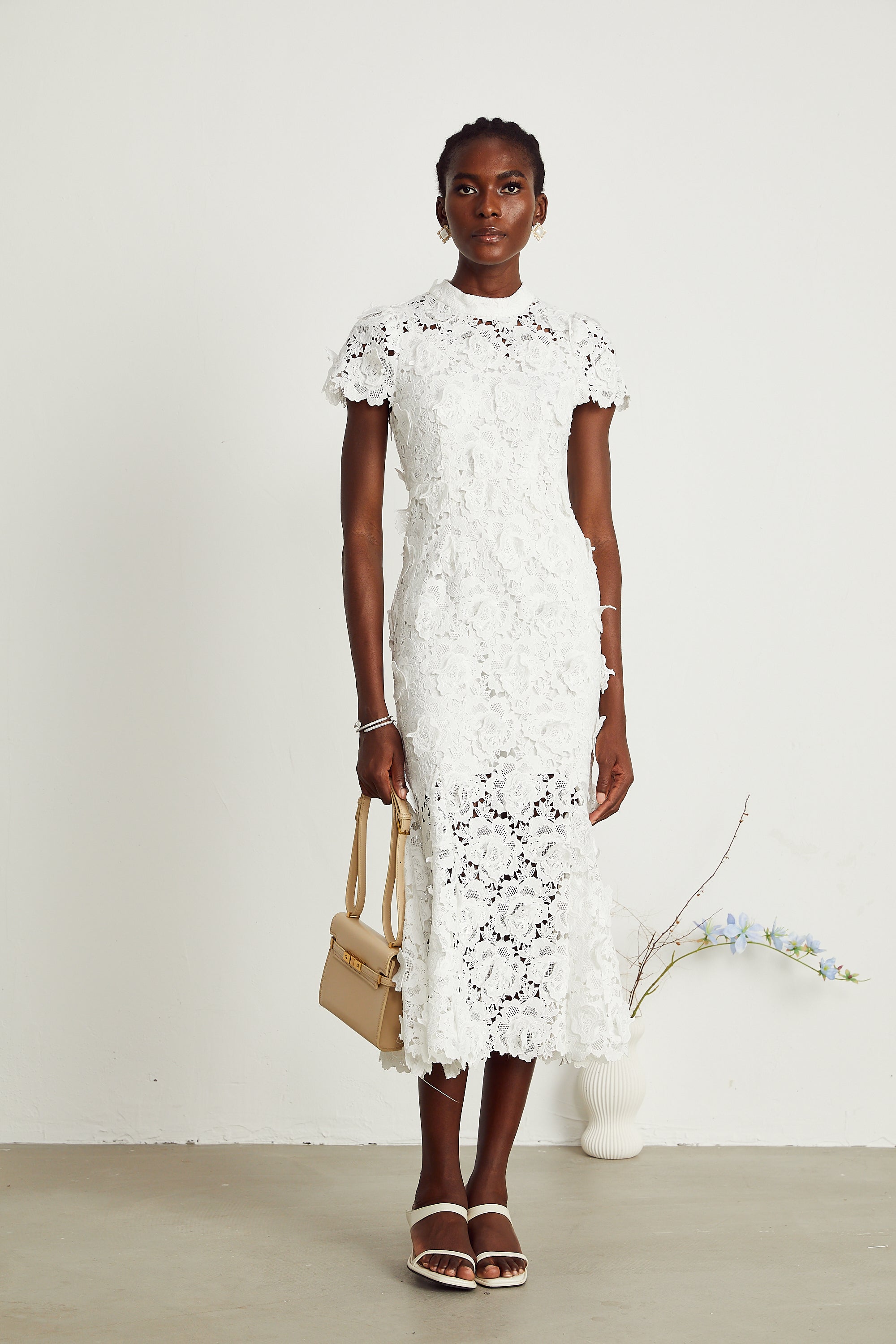 Élise white floral lace midi dress