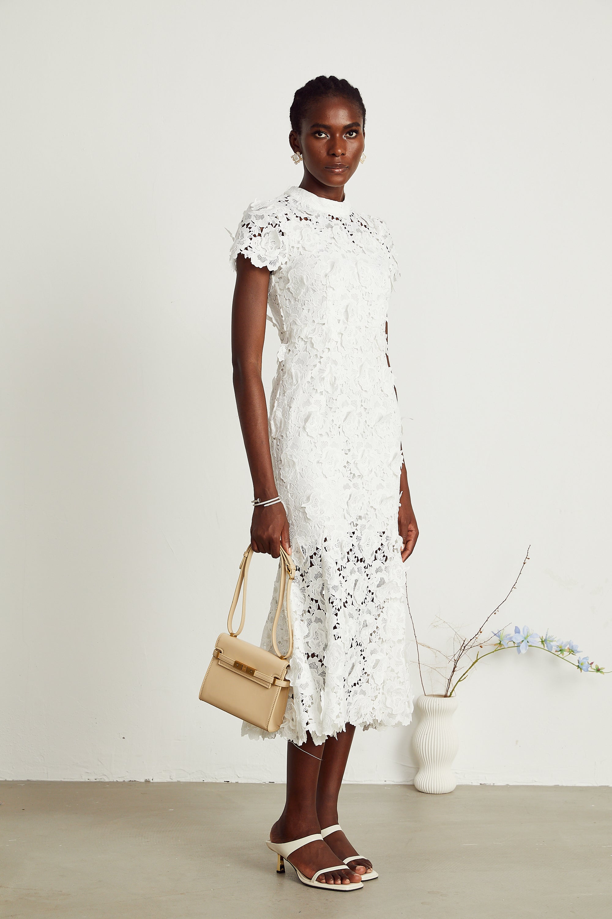 Élise white floral lace midi dress