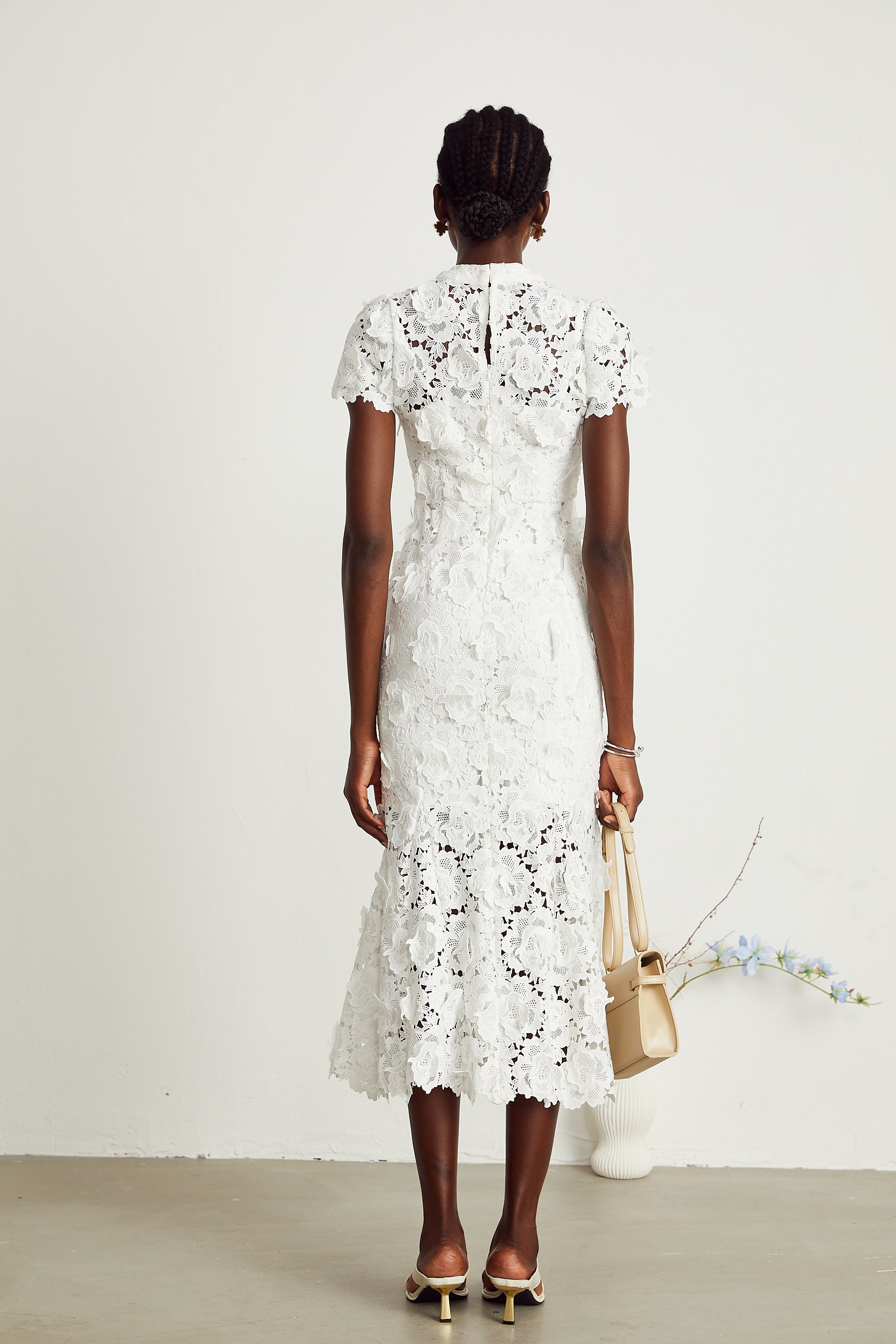 Élise white floral lace midi dress