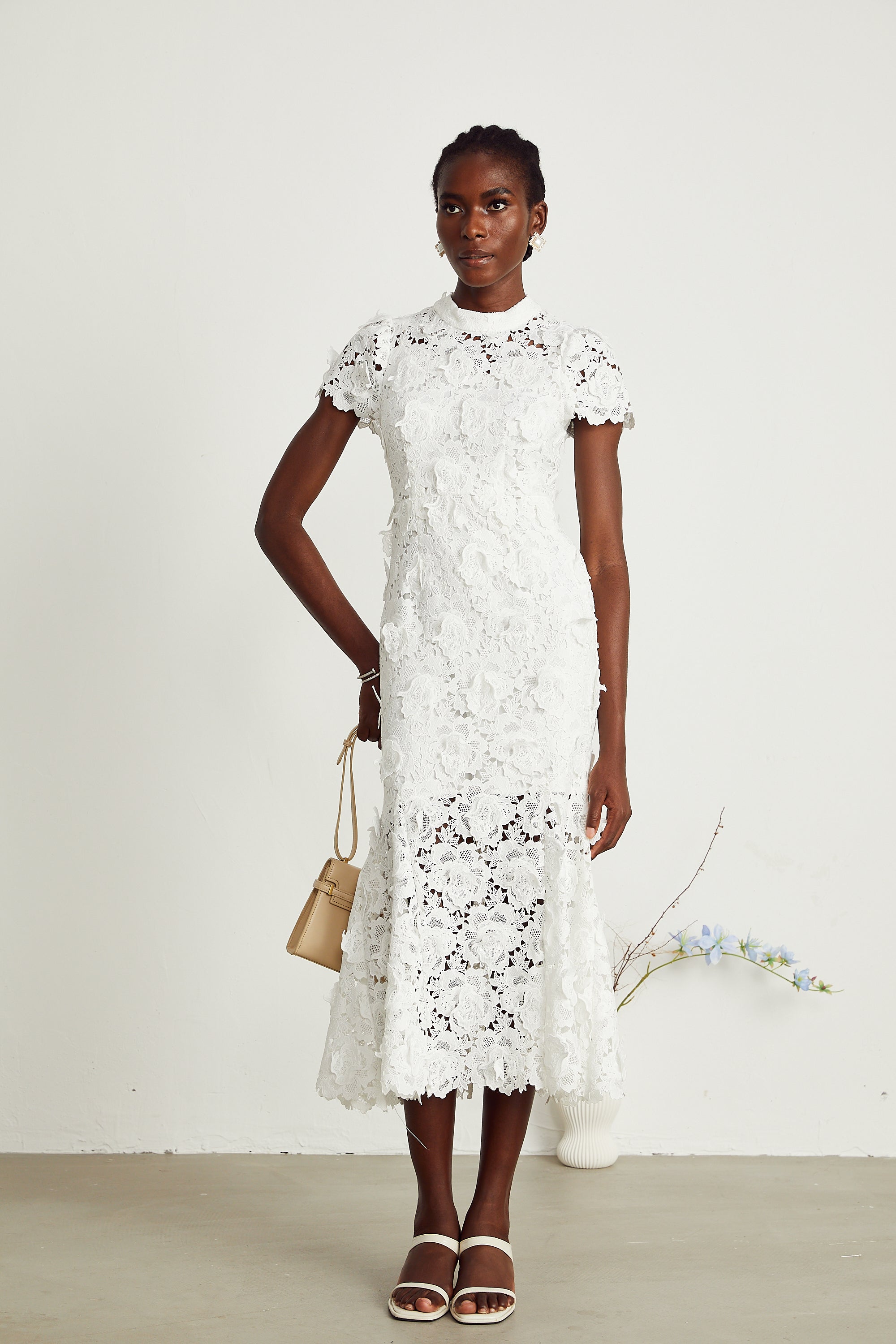 Élise white floral lace midi dress