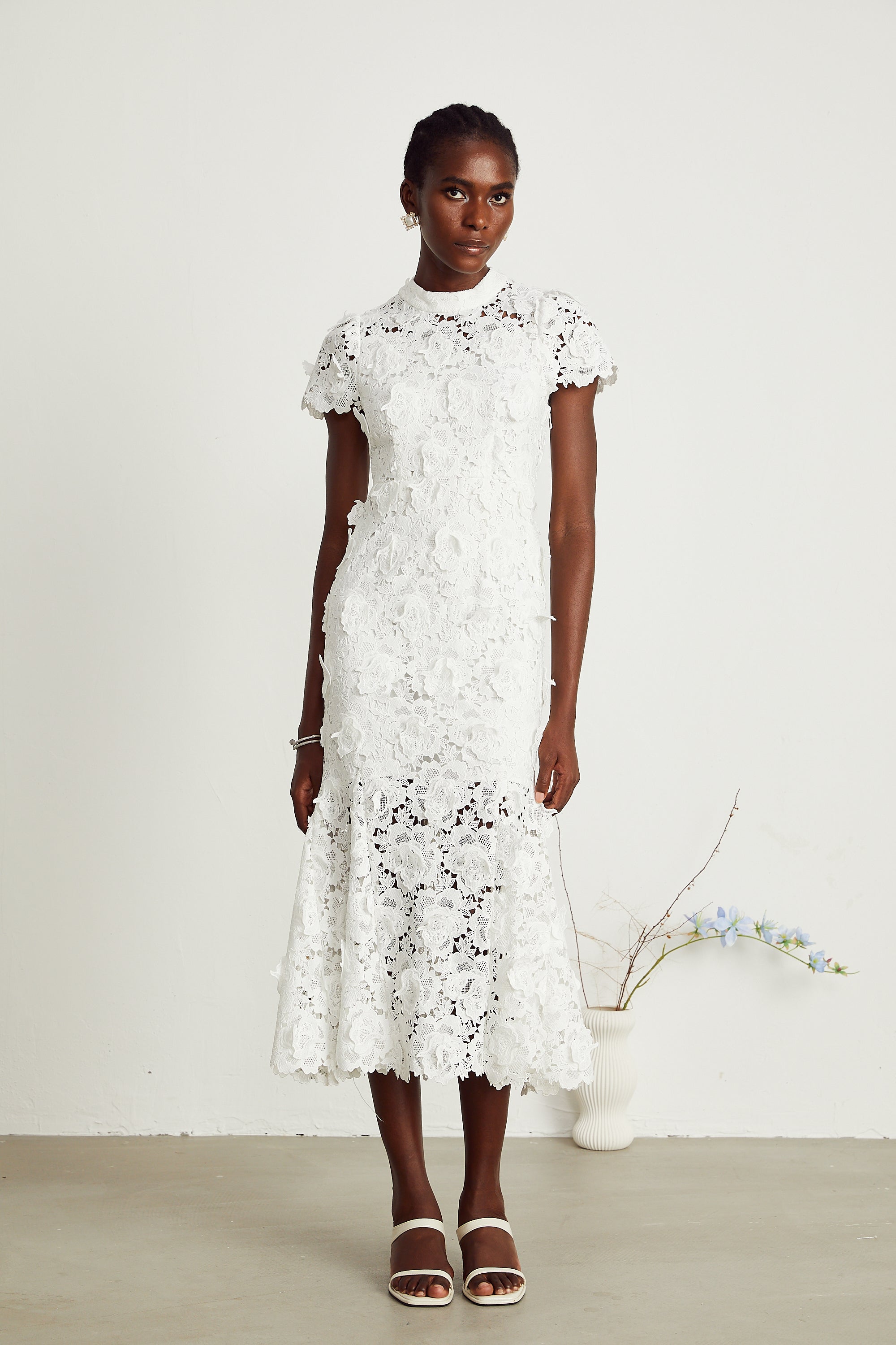 Élise white floral lace midi dress