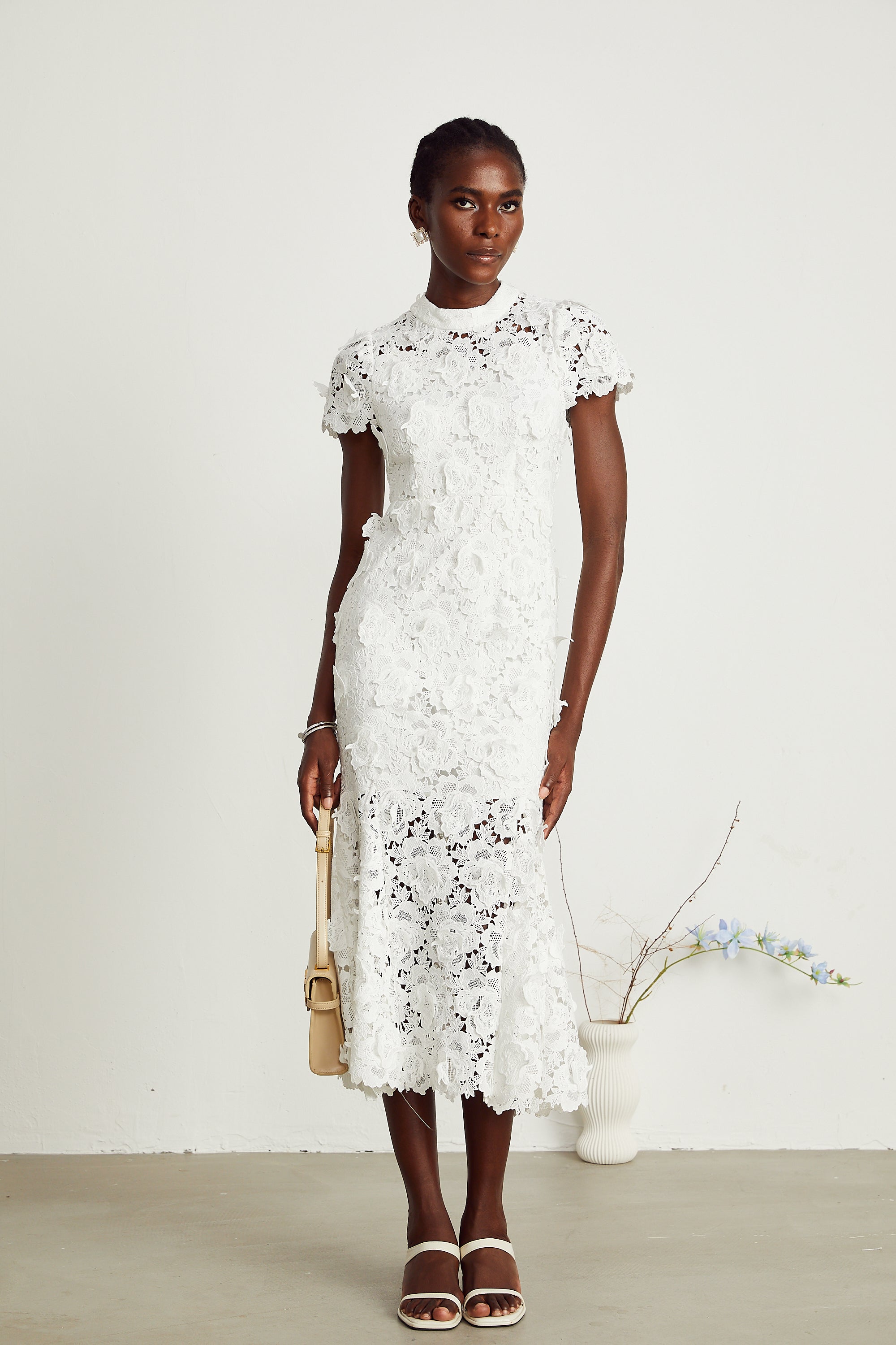 Élise white floral lace midi dress