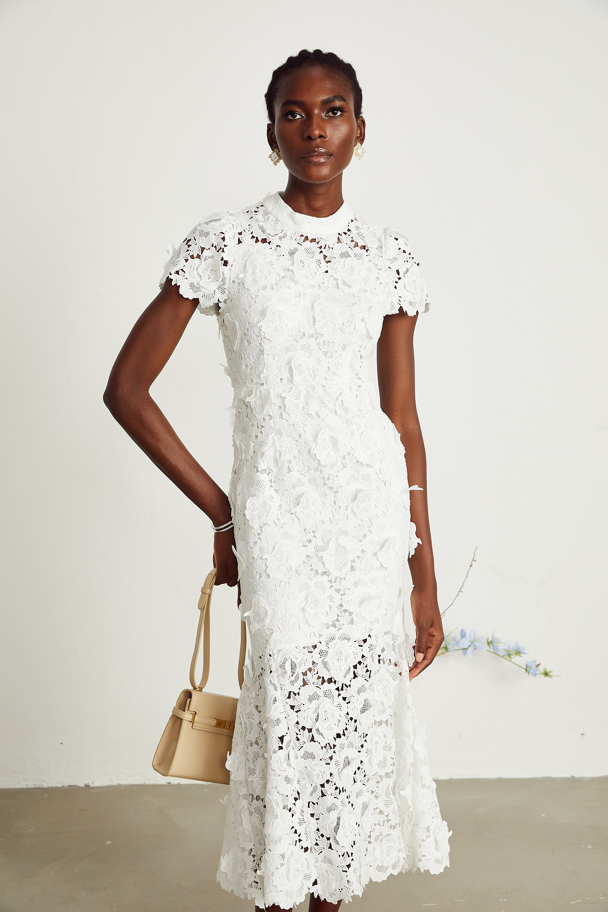 Élise white floral lace midi dress