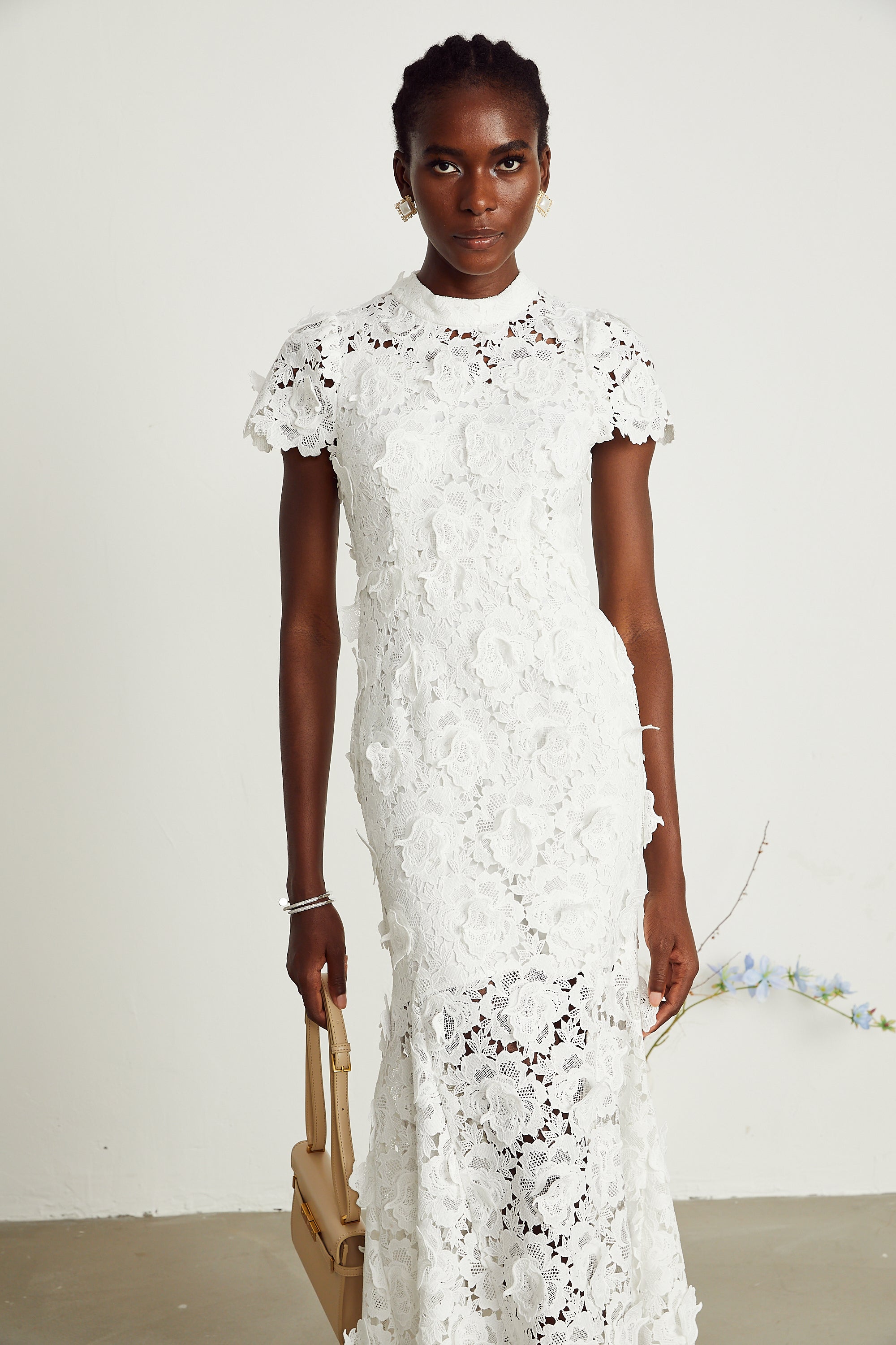 Élise white floral lace midi dress