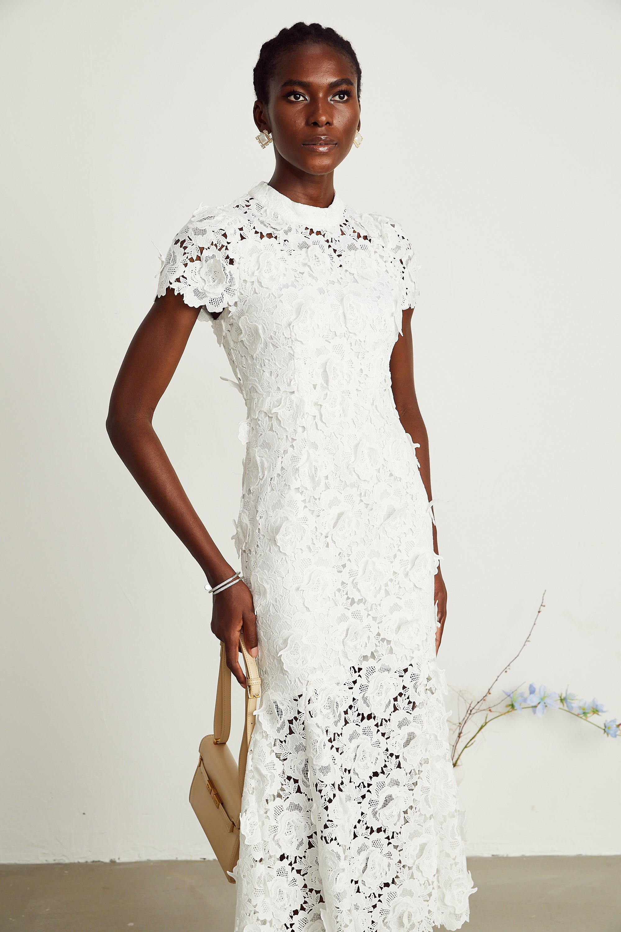 Élise white floral lace midi dress