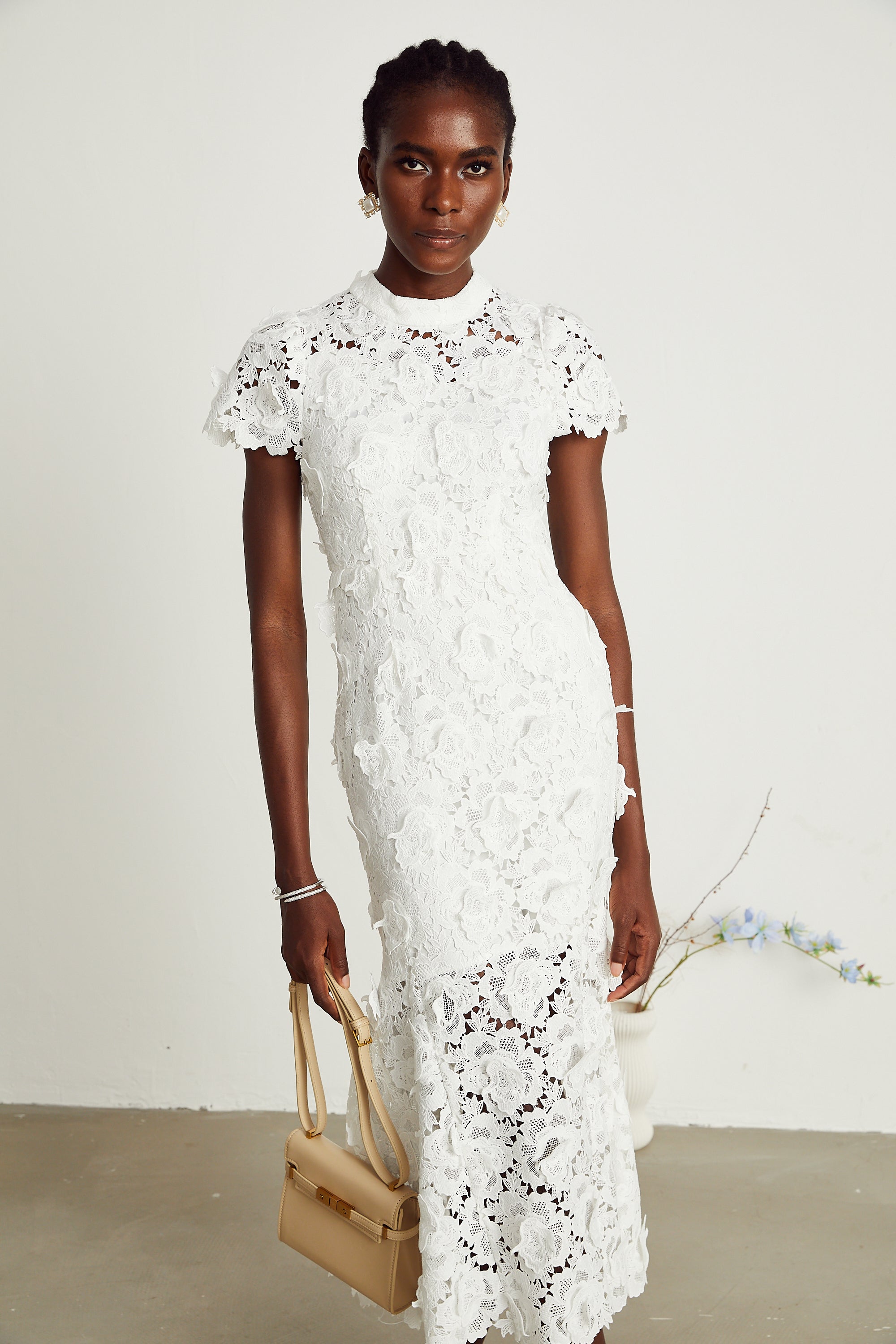 Élise white floral lace midi dress