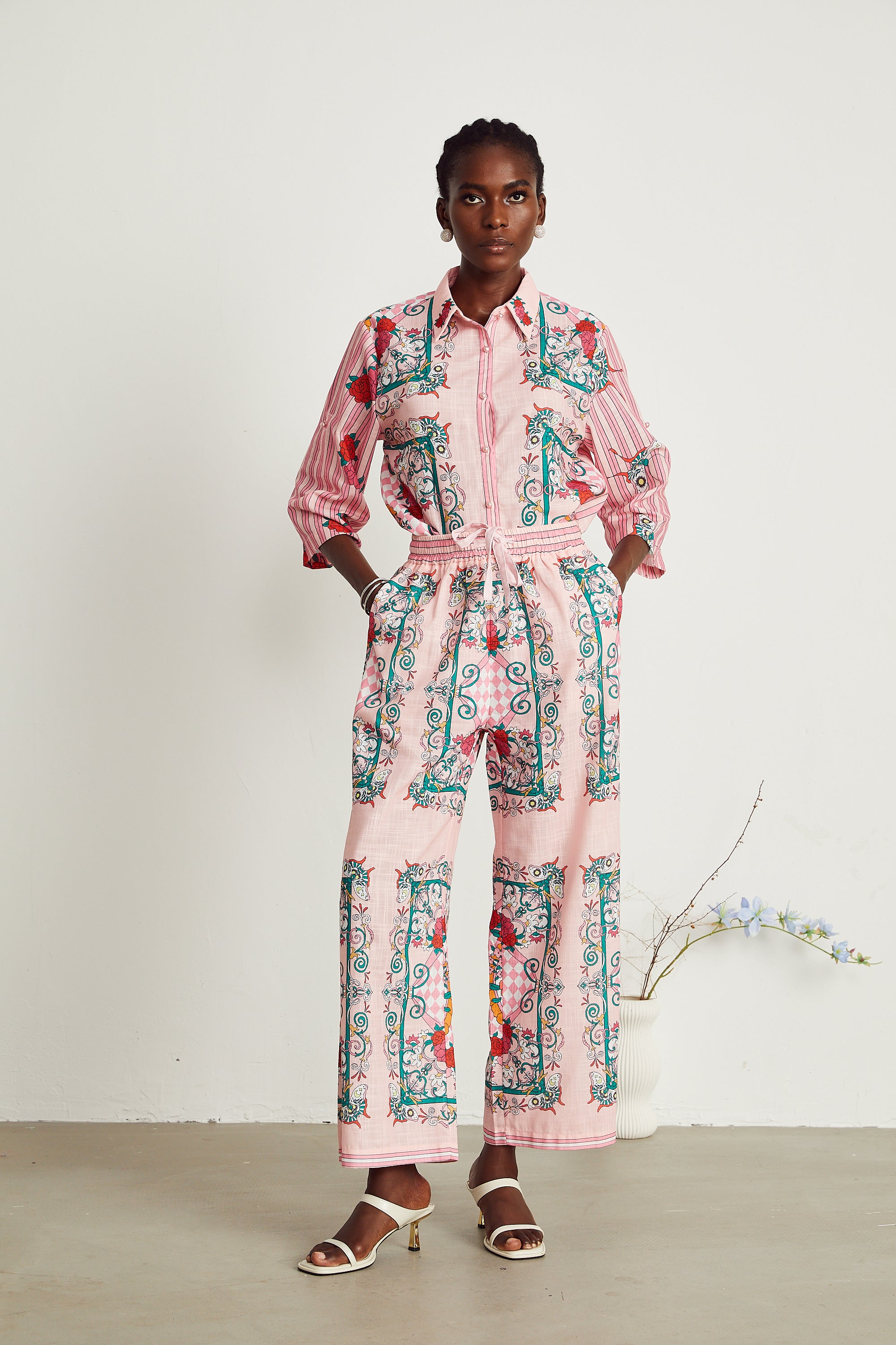 Anaïs pink graphic-print shirt & trousers matching set