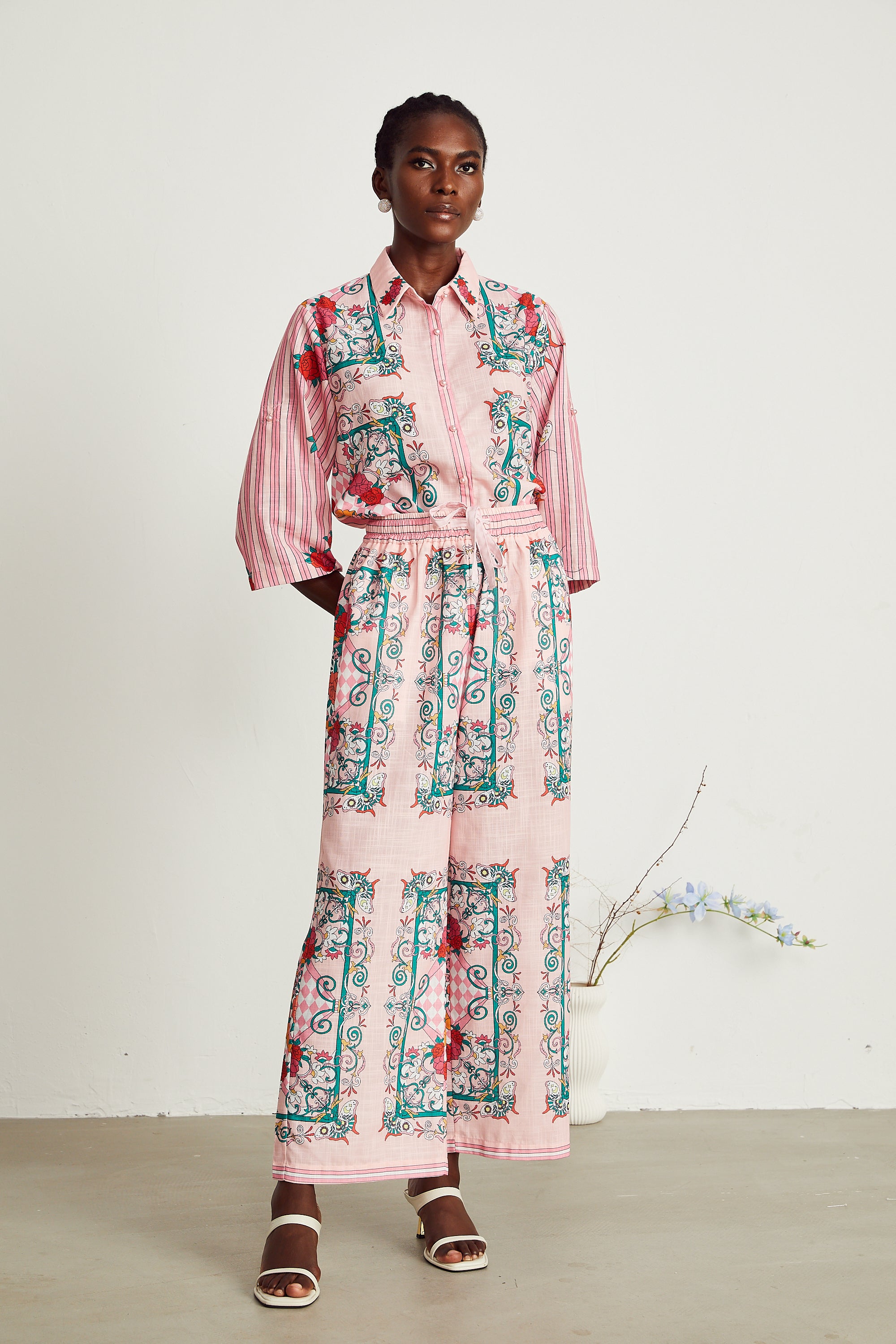 Anaïs pink graphic-print shirt & trousers matching set