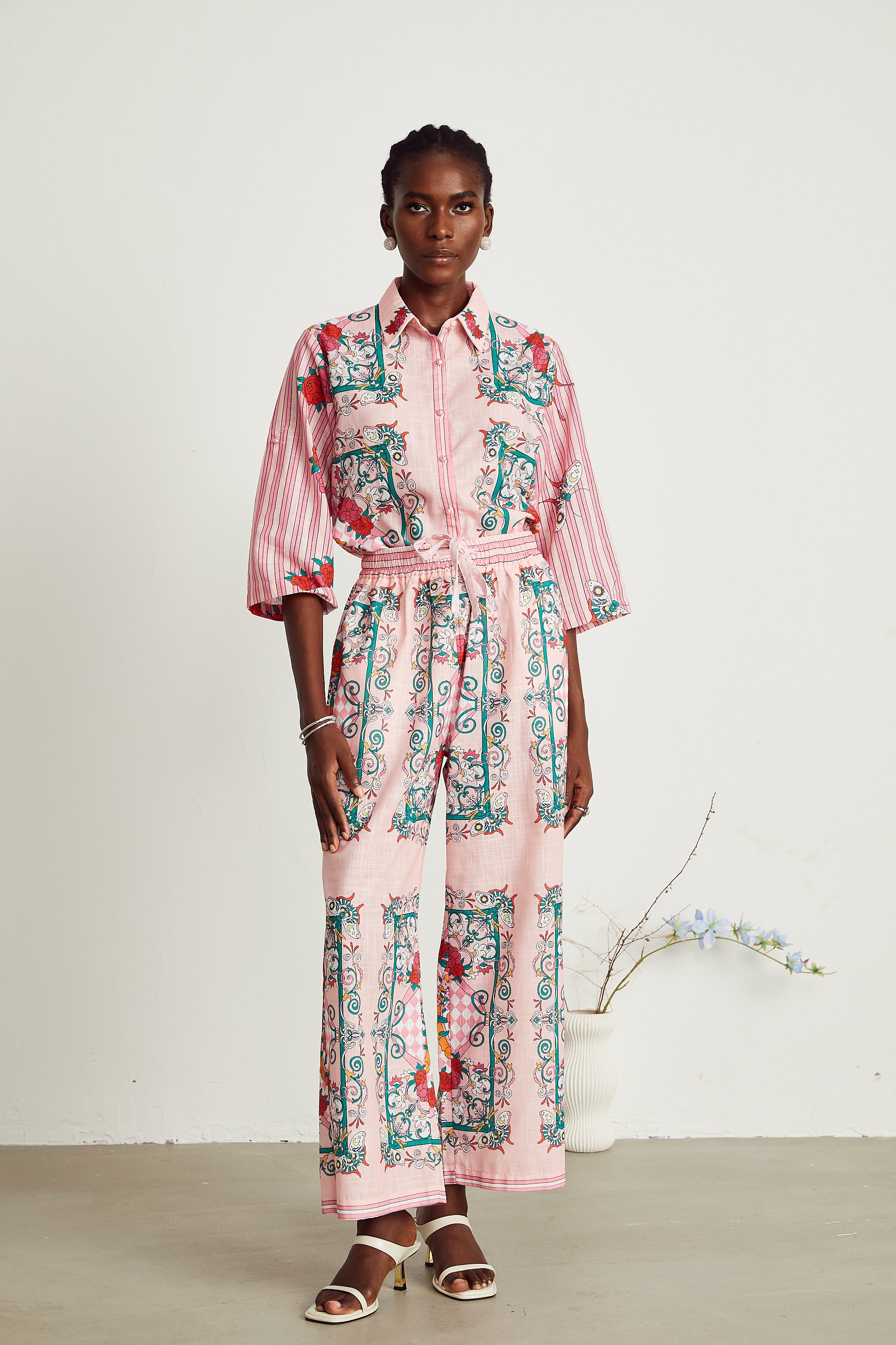 Anaïs pink graphic-print shirt & trousers matching set