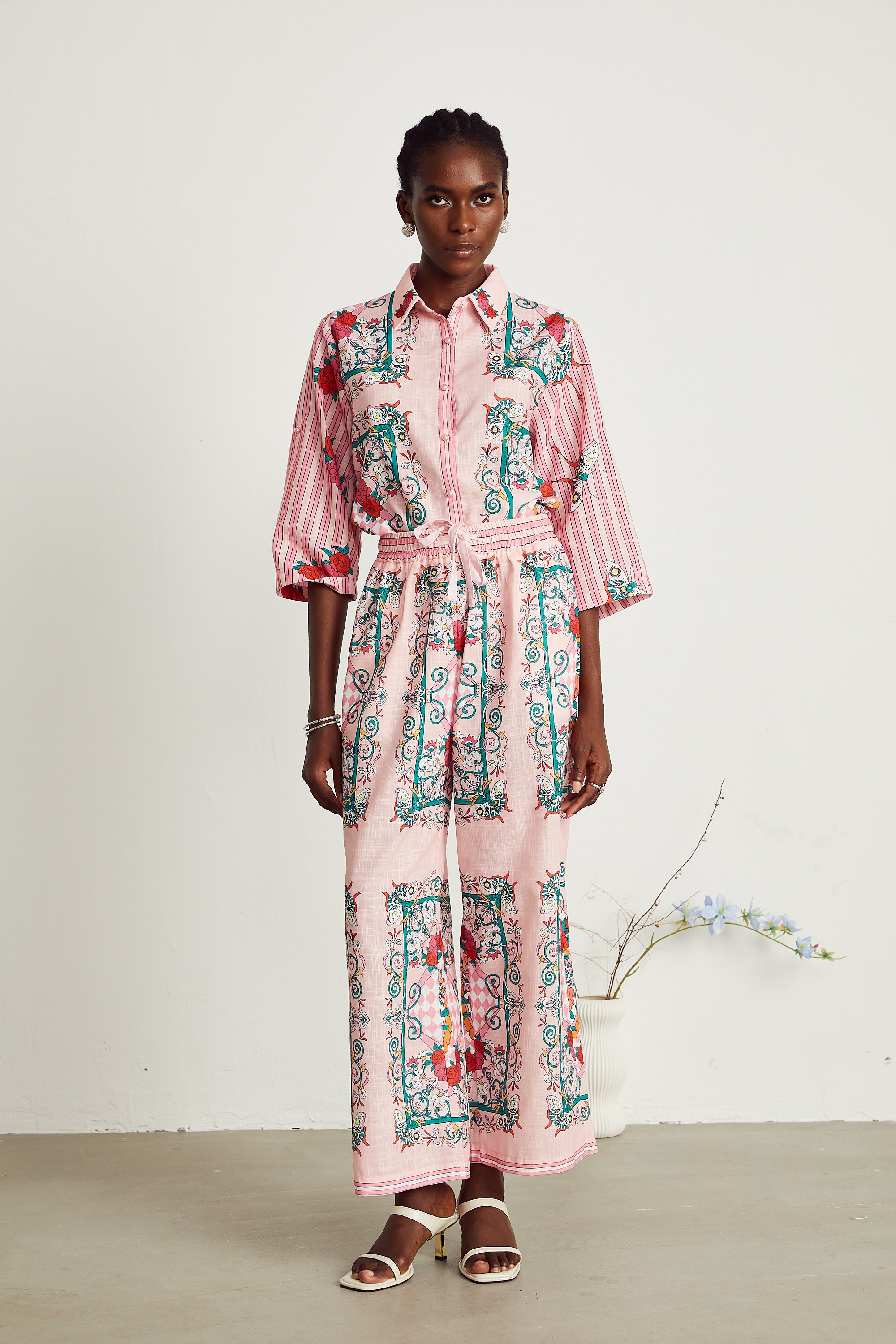 Anaïs pink graphic-print shirt & trousers matching set