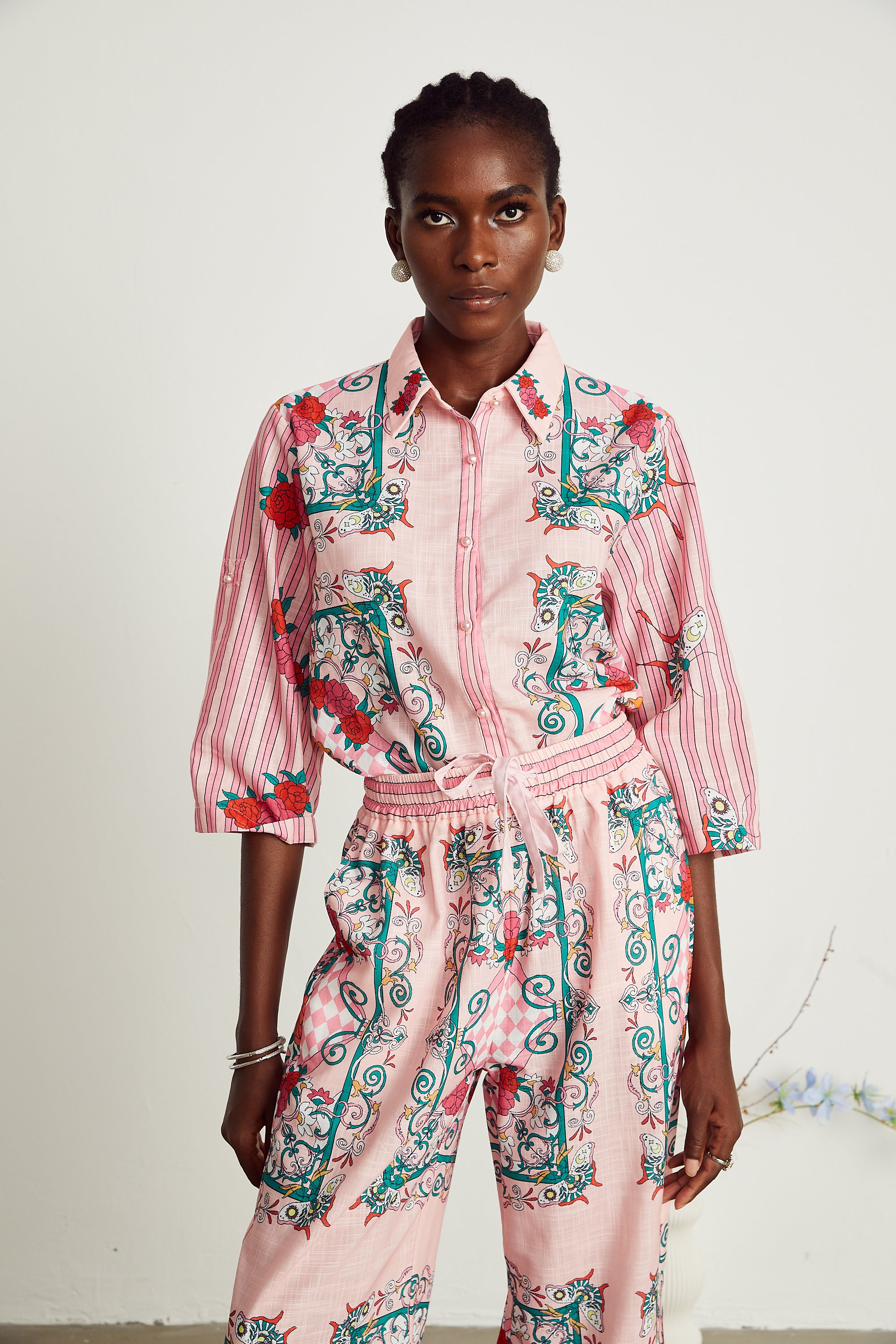 Anaïs pink graphic-print shirt & trousers matching set