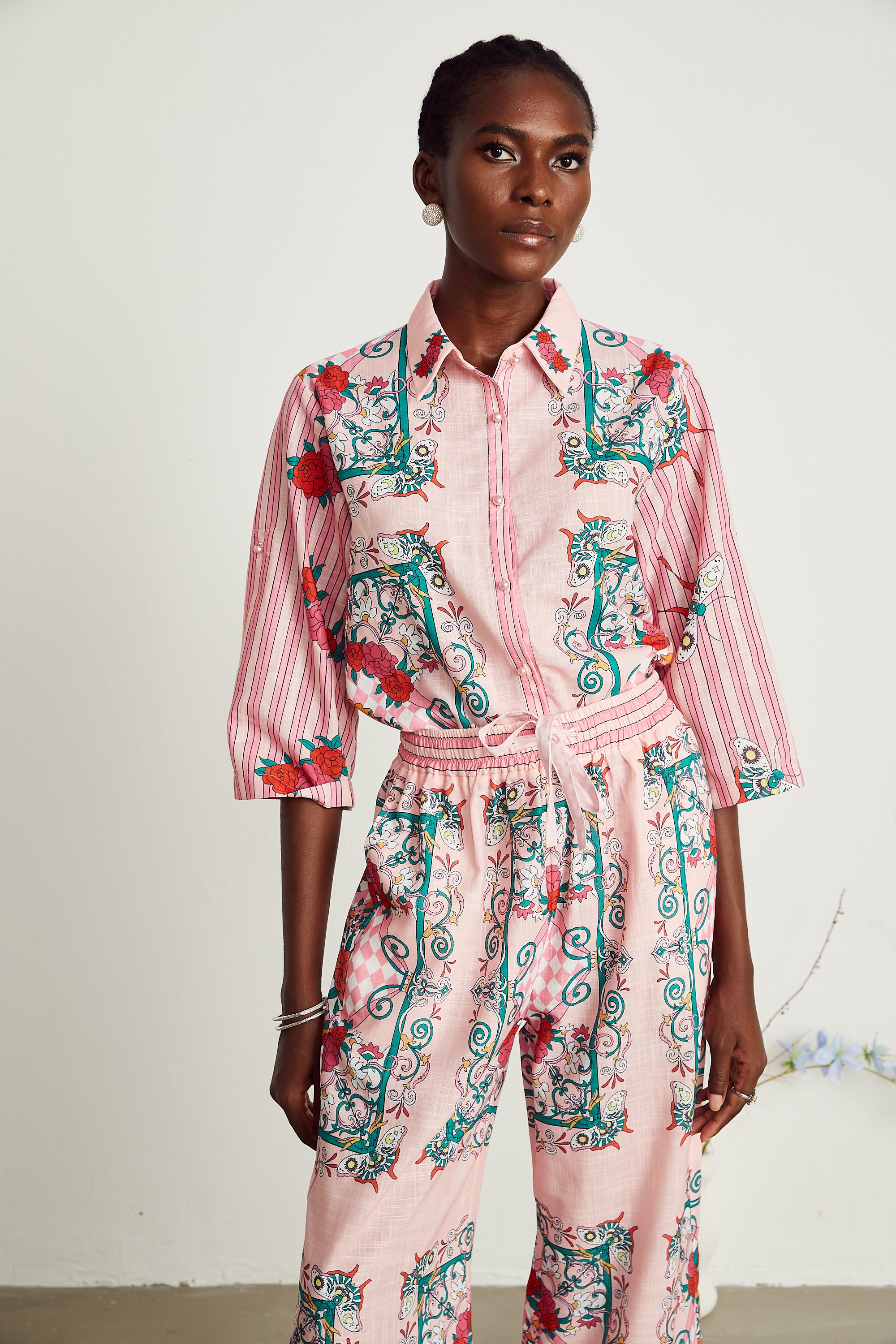 Anaïs pink graphic-print shirt & trousers matching set