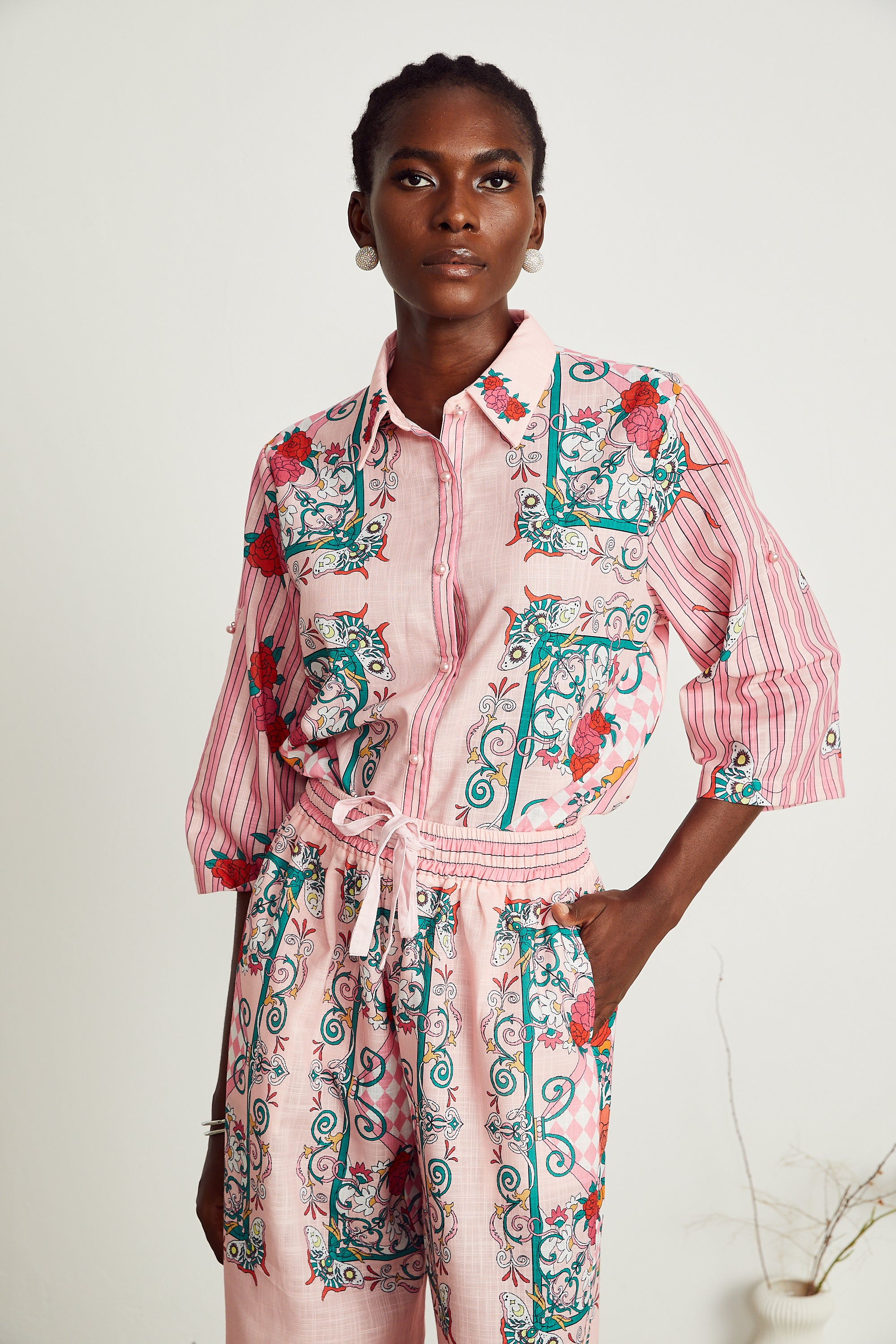 Anaïs pink graphic-print shirt & trousers matching set