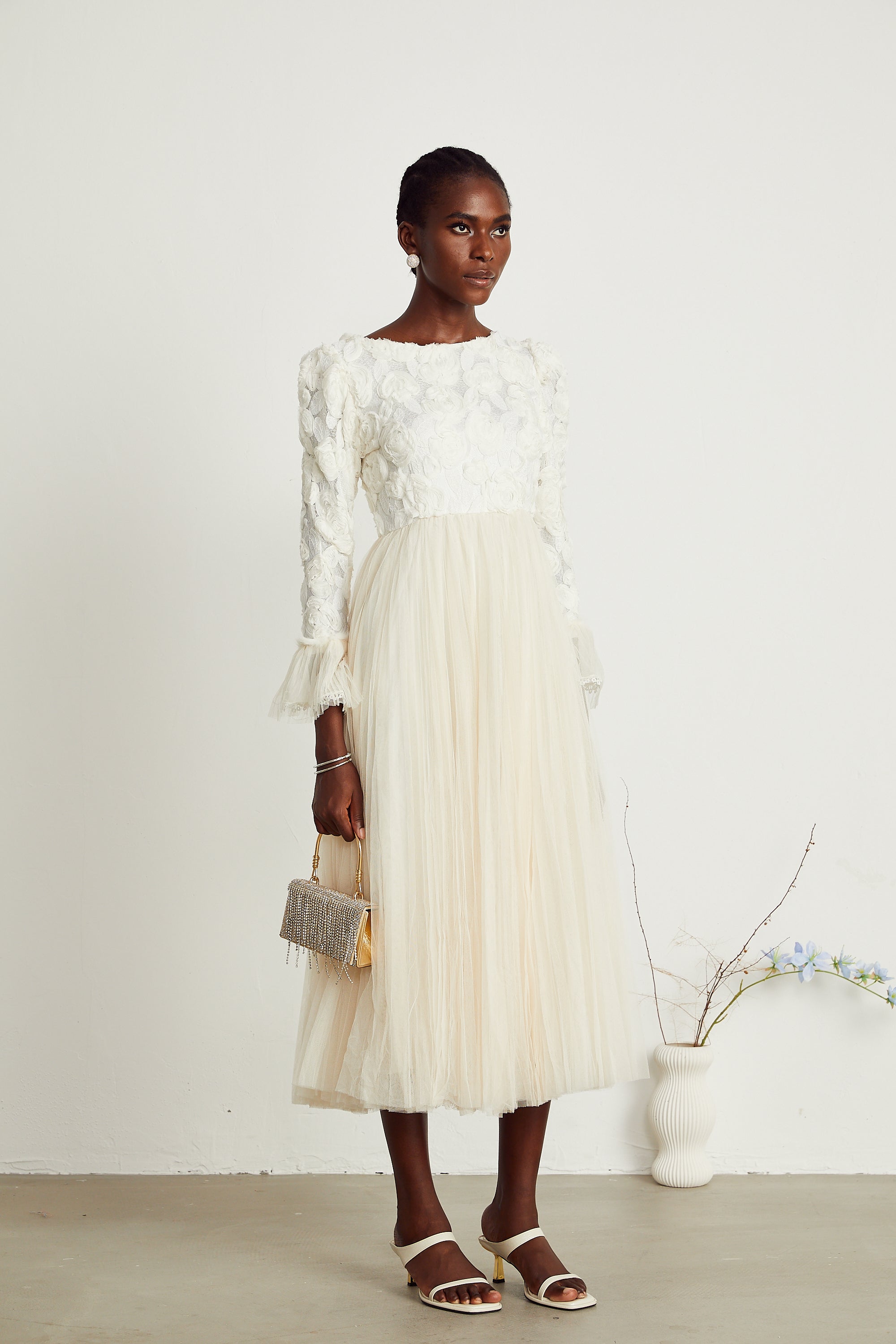 Thibaulte pleated lace-flower maxi dress