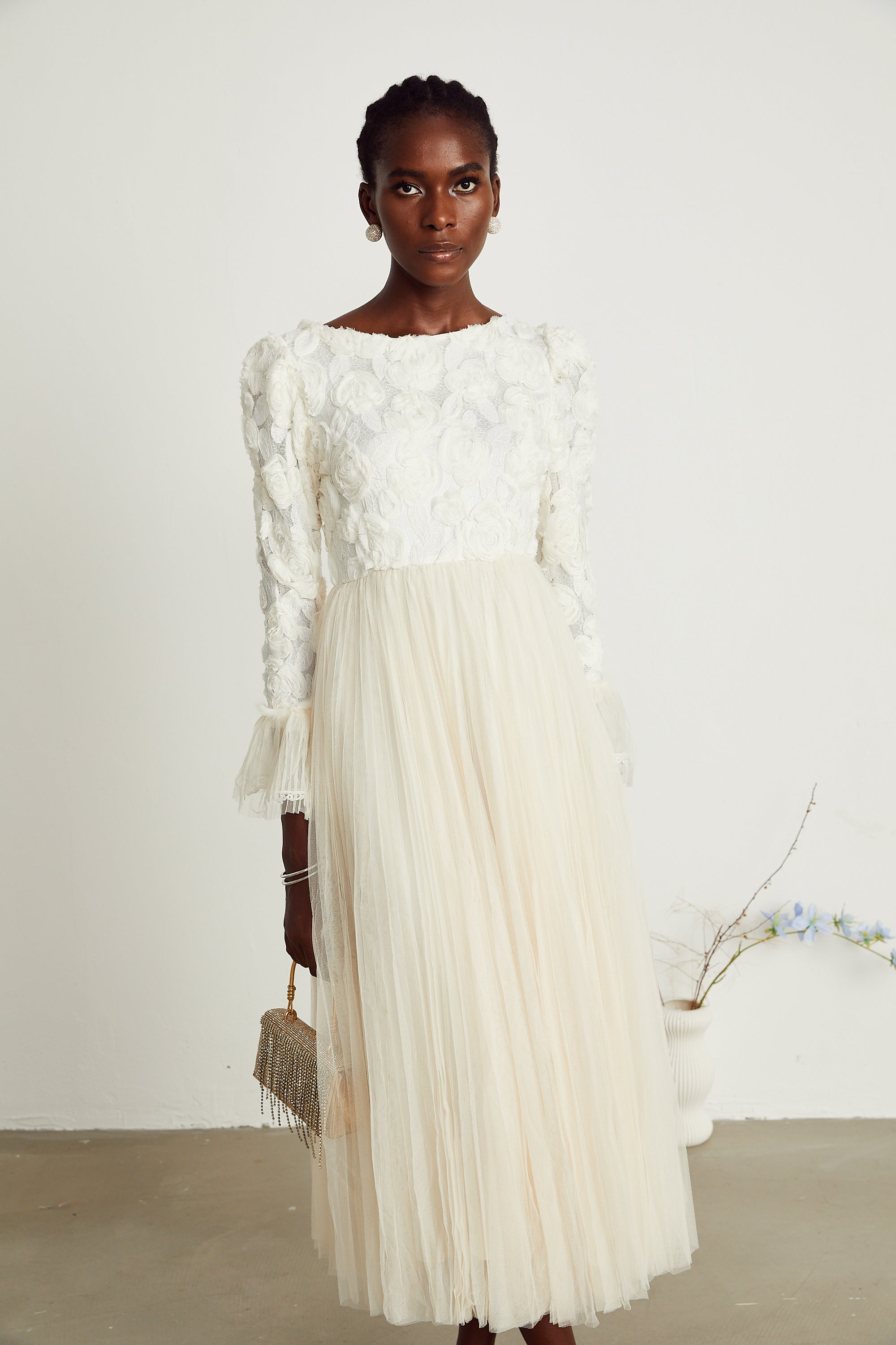 Thibaulte pleated lace-flower maxi dress