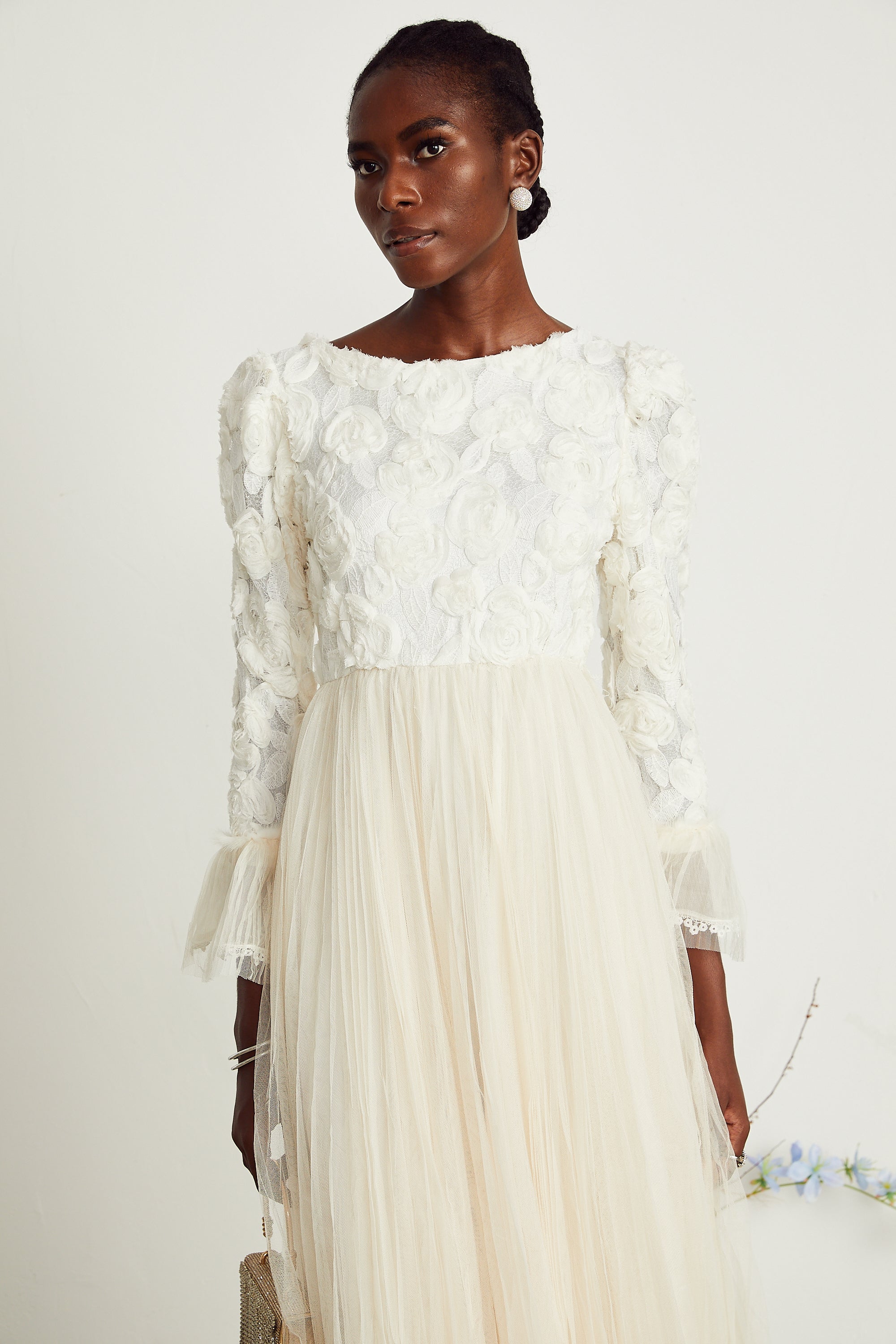 Thibaulte pleated lace-flower maxi dress