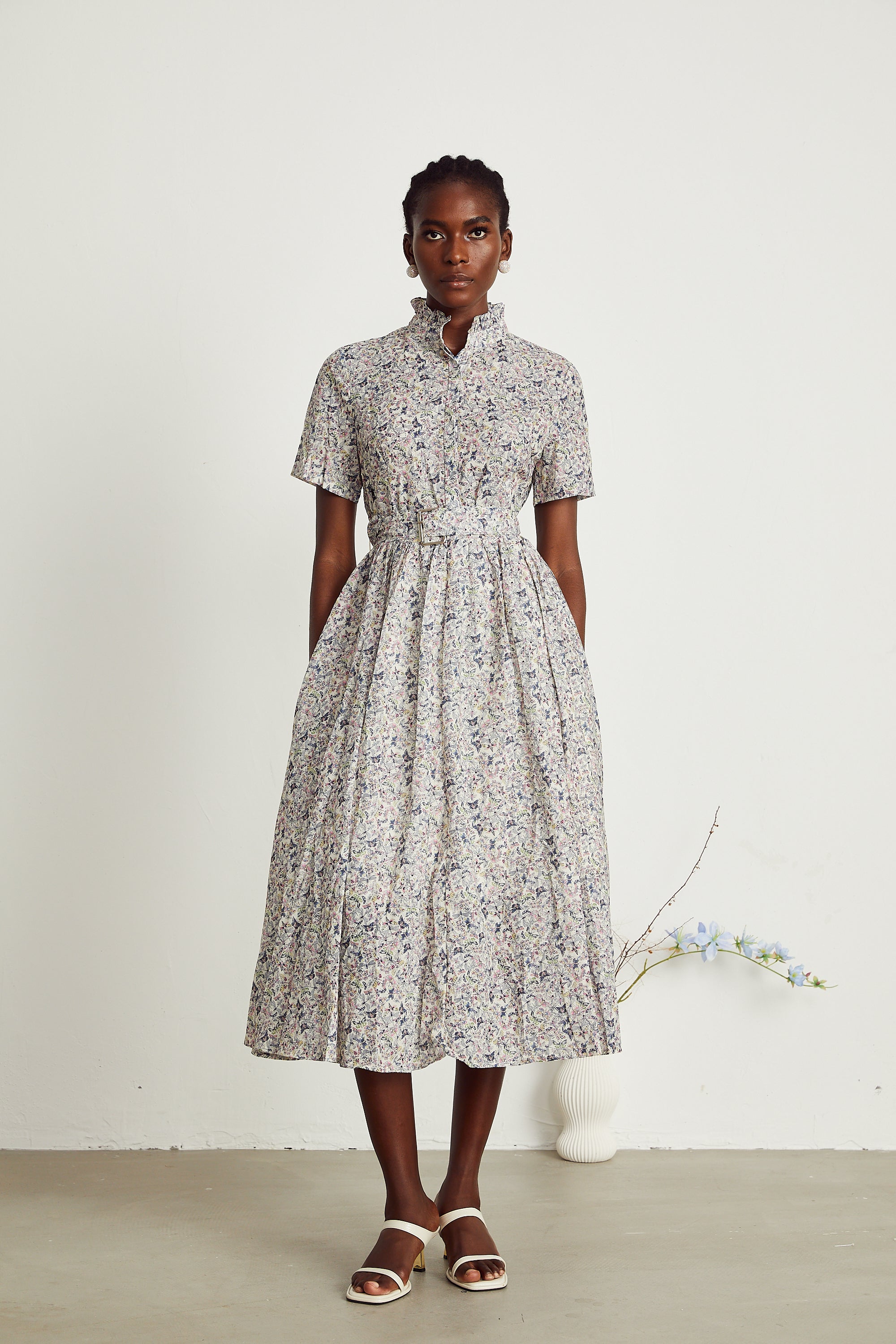 Clothilde butterfly-print belted midi dress