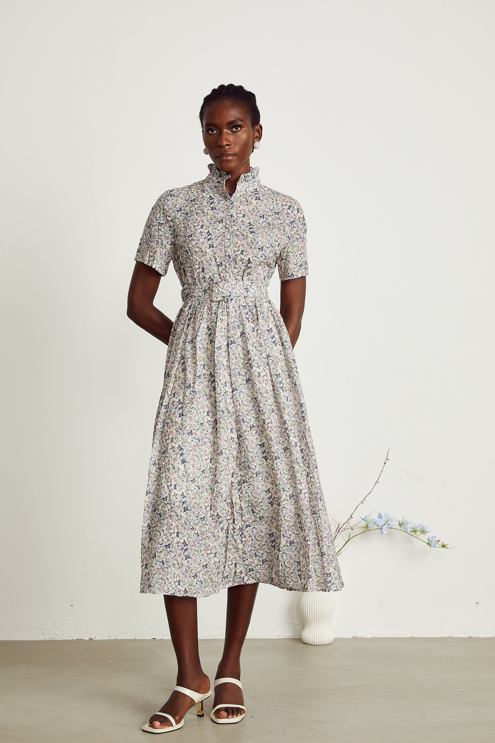 Clothilde butterfly-print belted midi dress