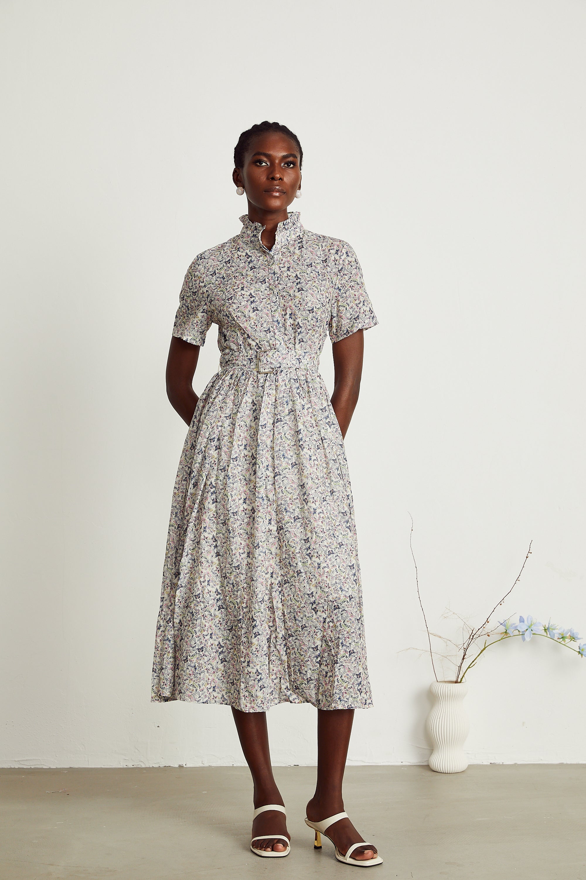 Clothilde butterfly-print belted midi dress