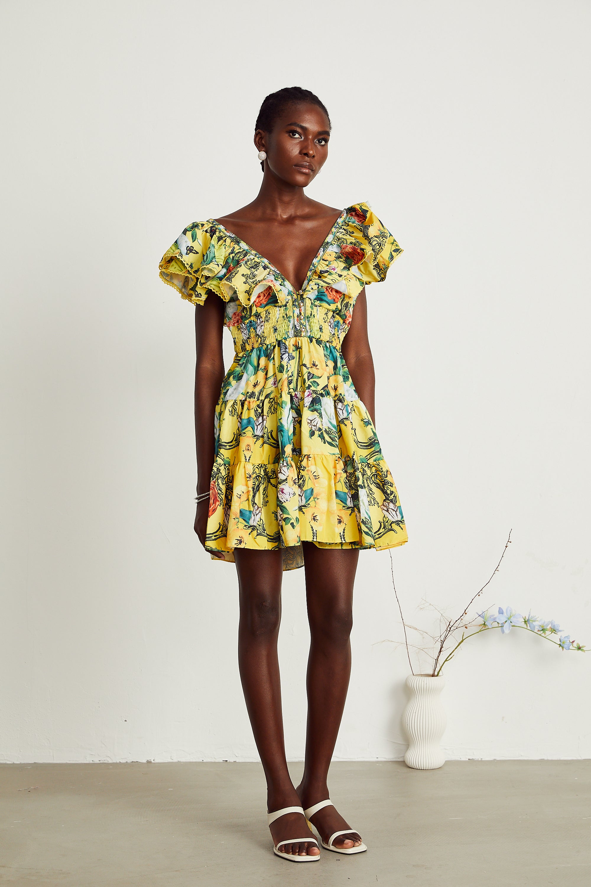 Saige ruffled floral-print mini dress in Yellow