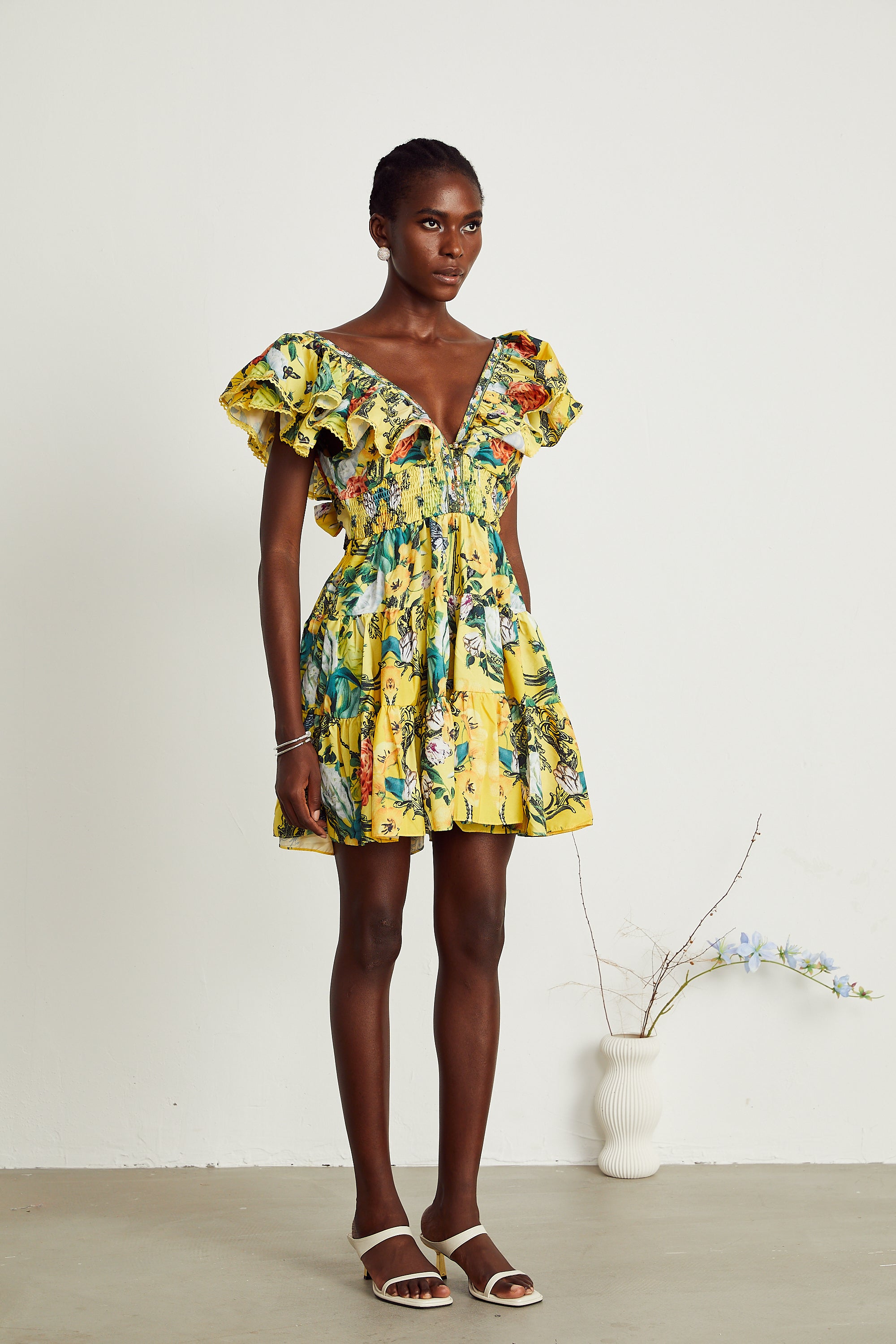 Saige ruffled floral-print mini dress in Yellow