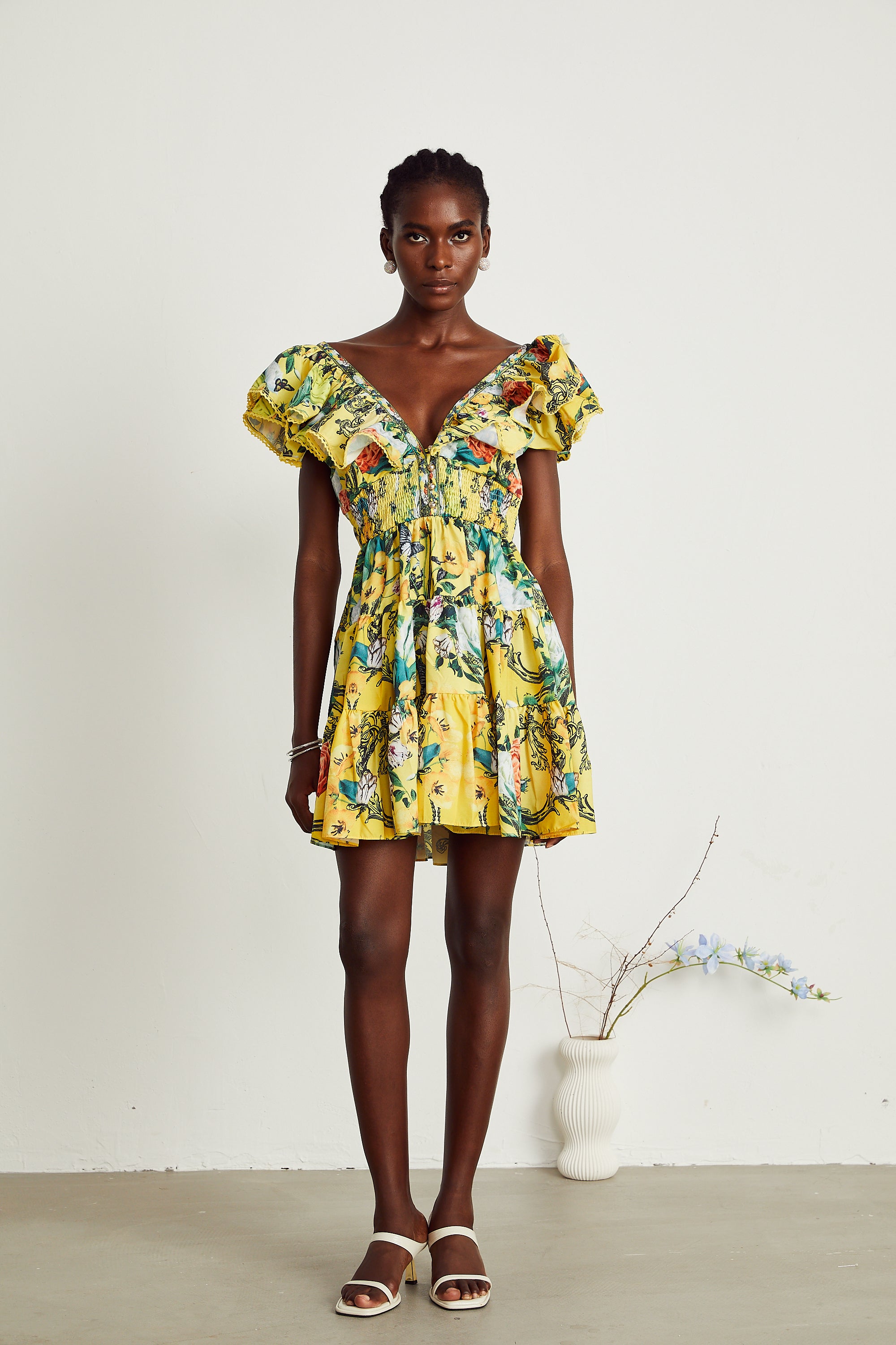 Saige ruffled floral-print mini dress in Yellow