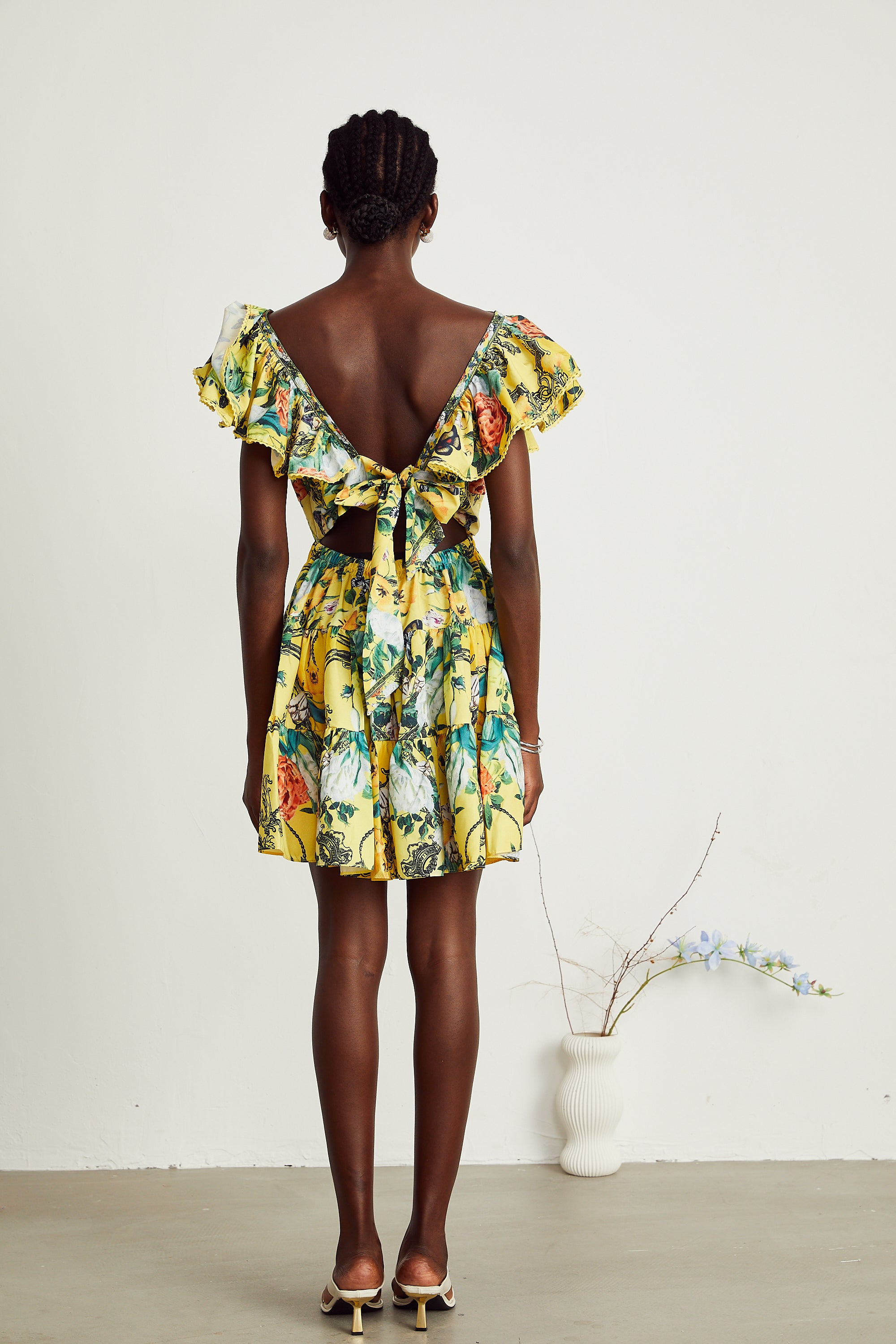 Saige ruffled floral-print mini dress in Yellow