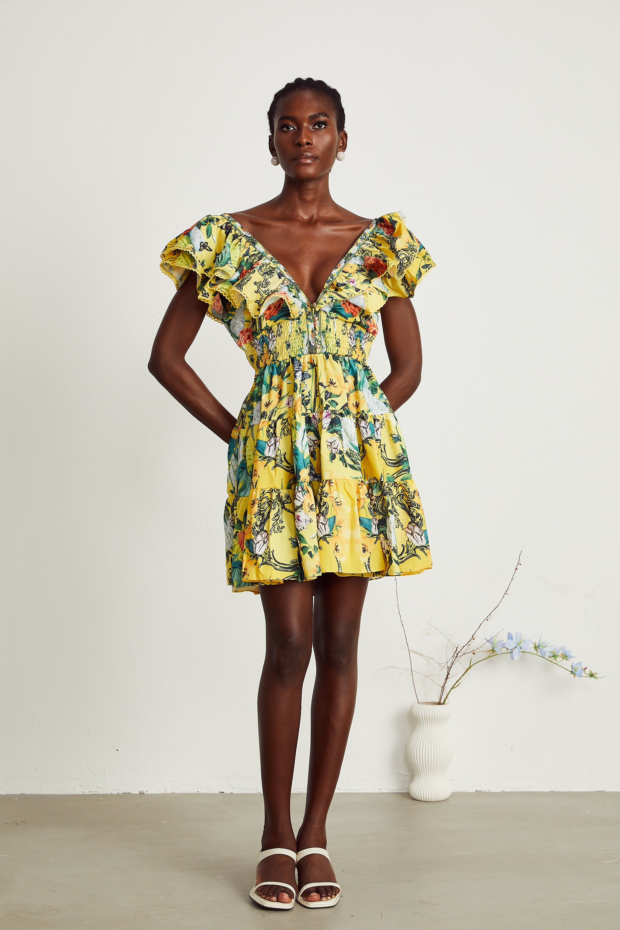 Saige ruffled floral-print mini dress in Yellow