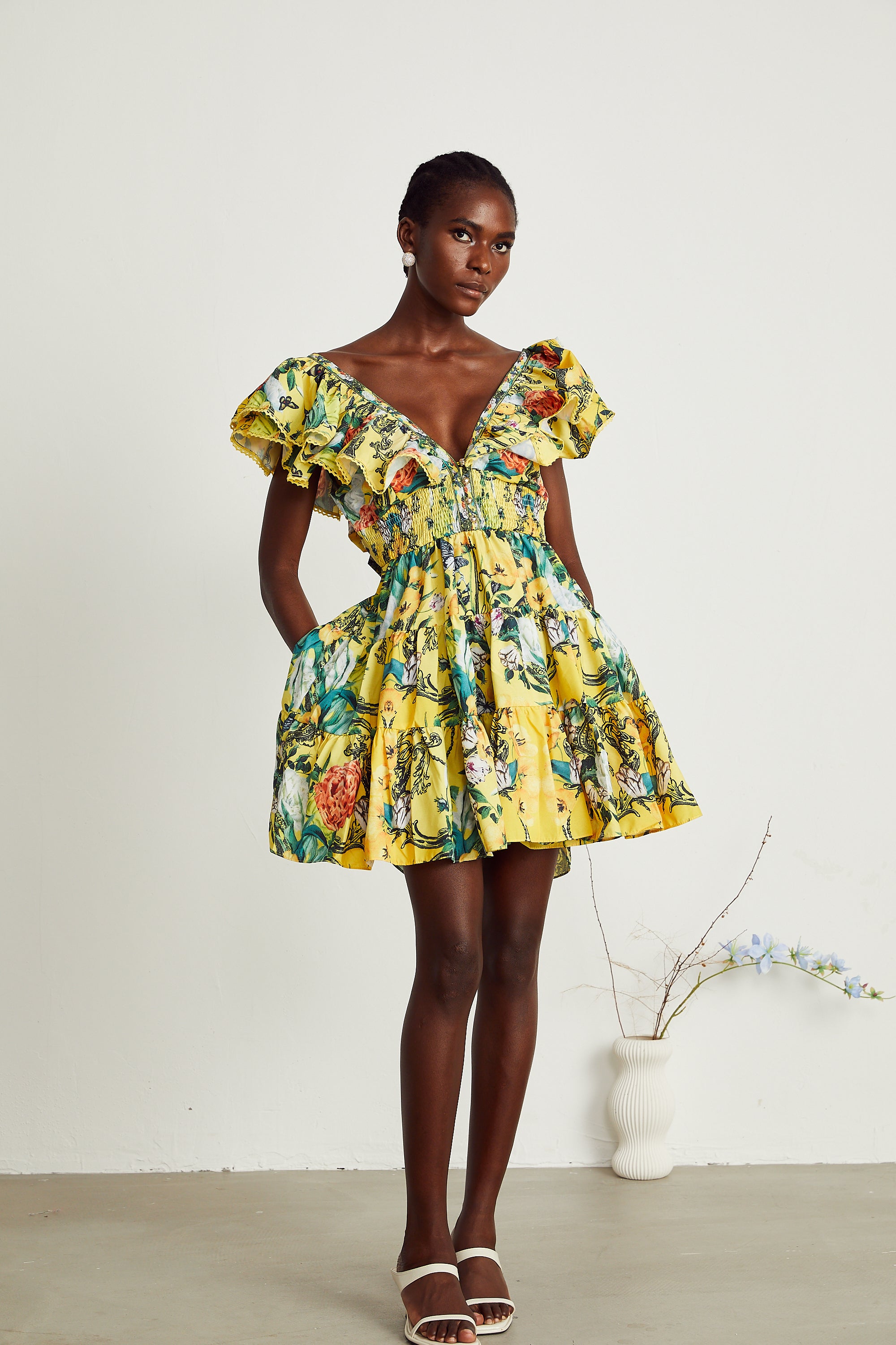 Saige ruffled floral-print mini dress in Yellow