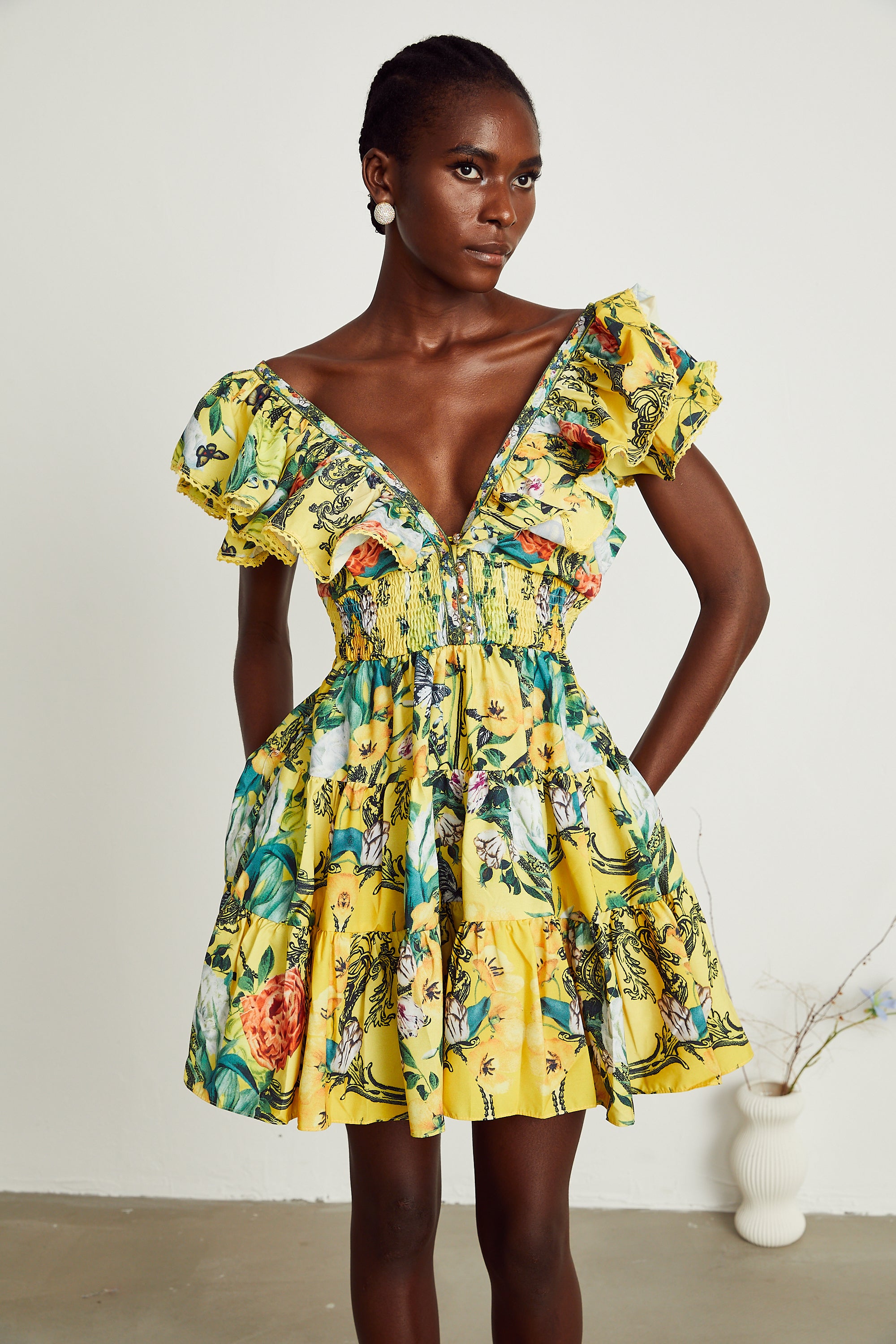 Saige ruffled floral-print mini dress in Yellow