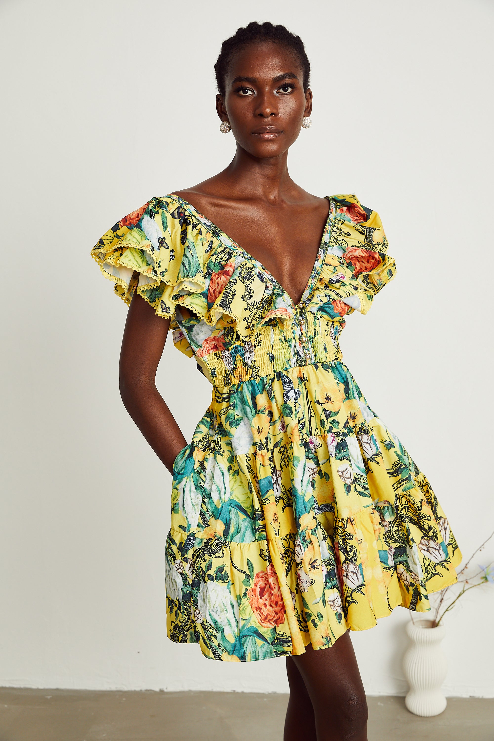 Saige ruffled floral-print mini dress in Yellow